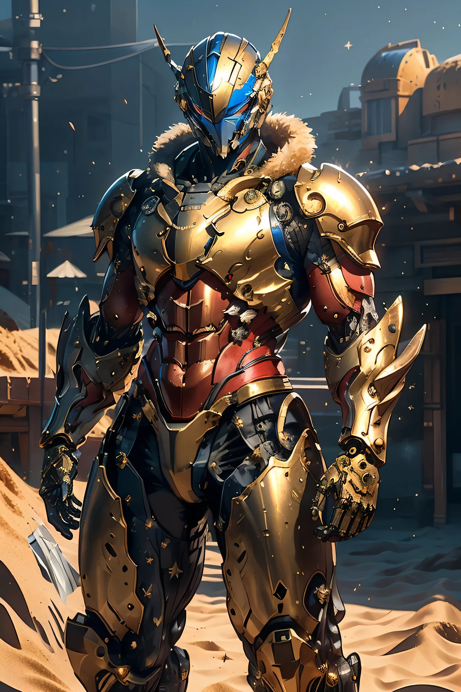 (( symbol of a large gold crescent moon on the forehead)), ((Sturdy Steel Armor )), (metallic: 1.5, blue and red suit: 1.5, Machine parts are visible under the suit), (Japanese hero, whole body), (mech bodysuit with swords: 1.5), ((Sand Dust: 1.5, Strong winds: 1.5)), cyberpunk city, My eyes are shining brightly, Suit parts are large , Lots of LEDs, ( helmet with sharp antennas), Unreal Engine 5, High image quality,  best quality ,  Kampala, Super detailed, Fine painting,  extremely delicate , professional,  anatomically accurate , creativity, RAW Photos, 超 Kampala, 32K, Natural Light, Cinema Lighting, masterpiece-anatomy-perfect, masterpiece:1.5, ( portrait), (action pose), ((was a mecha)), (fur collar ), (Machine Face)