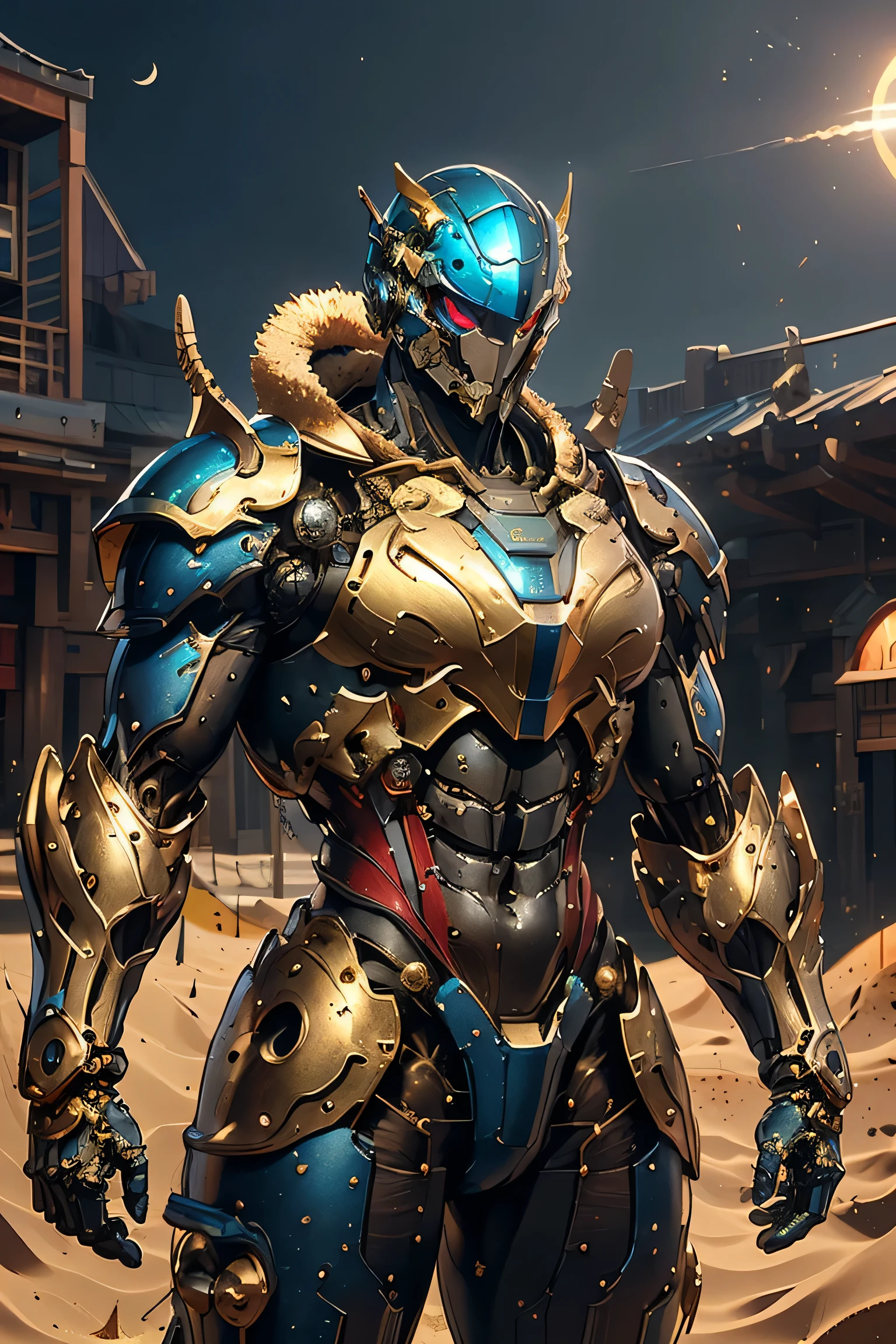 (( symbol of a large gold crescent moon on the forehead)), ((Sturdy Steel Armor )), (metallic: 1.5, blue and red suit: 1.5, Machine parts are visible under the suit), (Japanese hero, whole body), (mech bodysuit with swords: 1.5), ((Sand Dust: 1.5, Strong winds: 1.5)), cyberpunk city, My eyes are shining brightly, Suit parts are large , Lots of LEDs, ( helmet with sharp antennas), Unreal Engine 5, High image quality,  best quality ,  Kampala, Super detailed, Fine painting,  extremely delicate , professional,  anatomically accurate , creativity, RAW Photos, 超 Kampala, 32K, Natural Light, Cinema Lighting, masterpiece-anatomy-perfect, masterpiece:1.5, ( portrait), (action pose), ((was a mecha)), (fur collar ), (Machine Face)