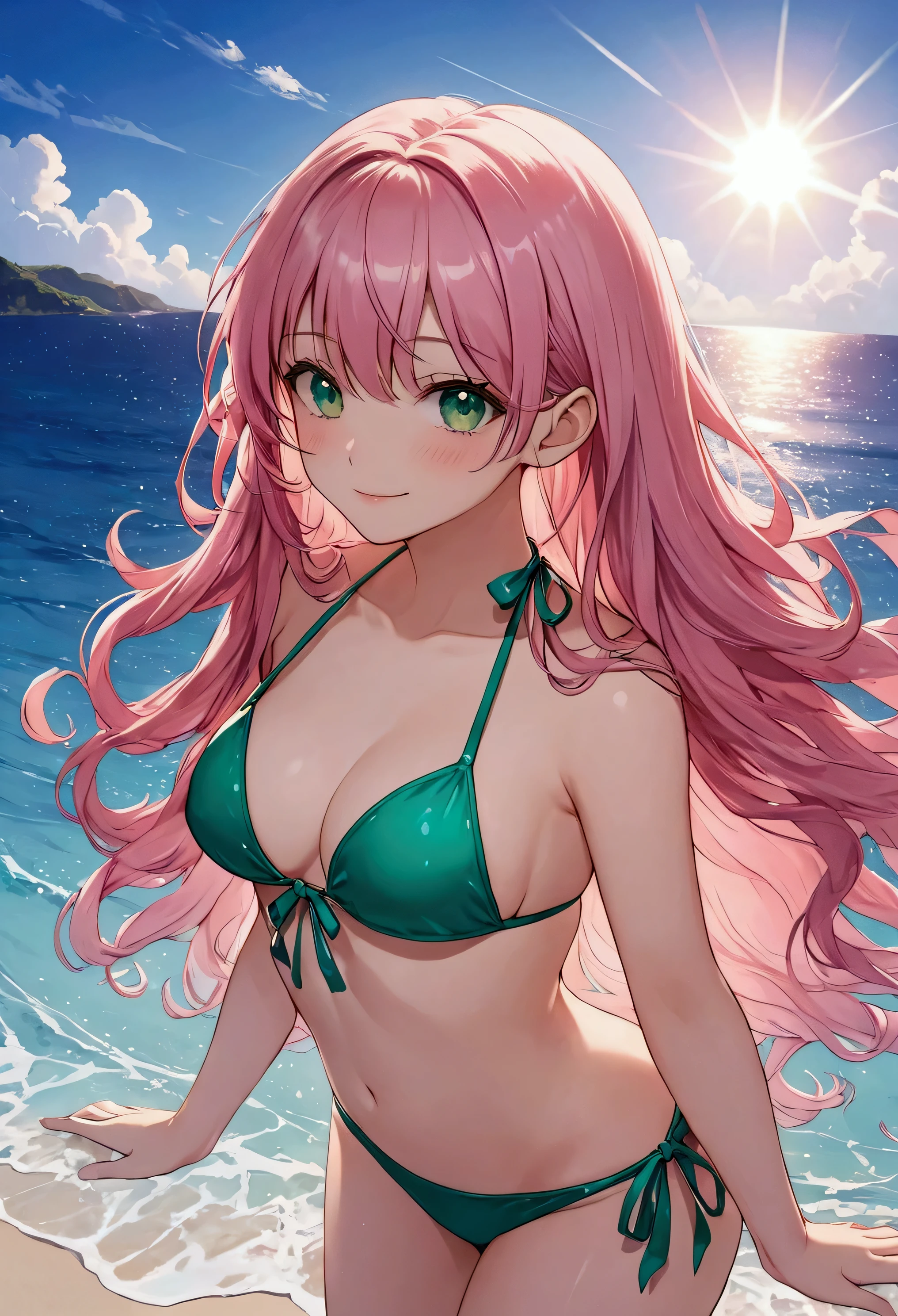 (8K、masterpiece、Highly detailed background、high resolution)、(Mitsuri Kanroji)、Cleavage、(beach、White Bikini、Swim ring、Gravure pose、Embarrassed smile、Nipple protrusion)