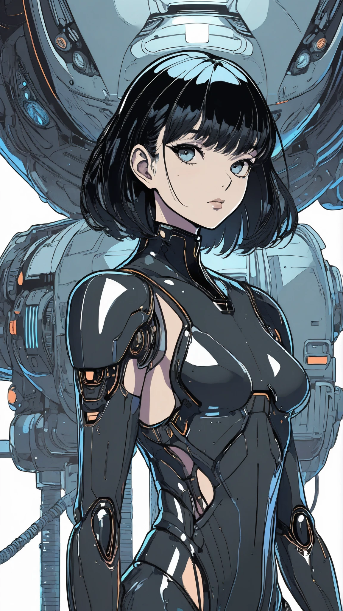 ((best quality)), ((masterpiece)), (detailed), perfect face of cyberpunk mecha japanese girl, shiny black eyes, shiny black body, shiny black hair, ((monochromatic black color palette)), surreal, art nouveau, in the illustrative style of moebius, spaceships, aliens, fantasy, sci-fi, graphic novel, line drawing, french retro, bizarre, gallery worthy, work of uncanny art,
