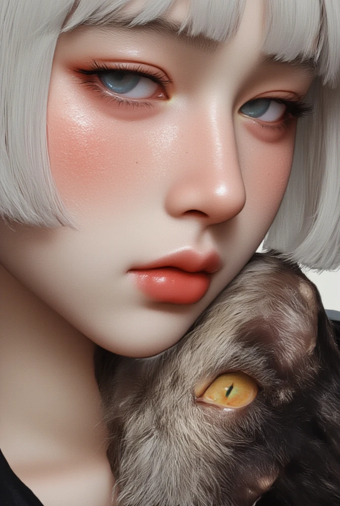 mj_animated_portrait, of a woman with  (oily shiny wet skin:1.35), with straight silver hair  , his intense gaze like a big bare Egyptian cat hugging him, the dark background of the jungle highlights the mystery ,