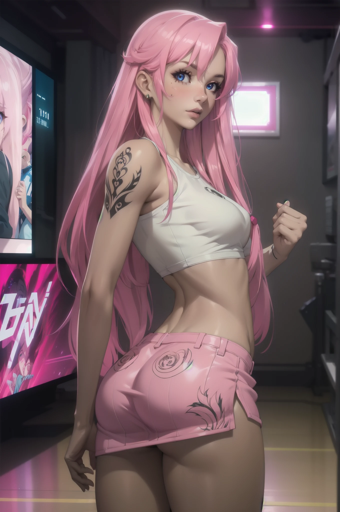 A young woman with long pink hair., tattooed body, She is wearing a miniskirt and a white top.,  Subtle view of her butt in full body shot., Detailed face and eyes, Intricate tattoo designs,  cinematic lighting , photorealistic, 8K, hyperrealistic, UHD, Retina, masterpiece, Accurate, Anatomically correct, textured skin, Super detail, high details,  high quality ,  award winning , best quality, highres, 1080P, HD, 16K, Thumb 