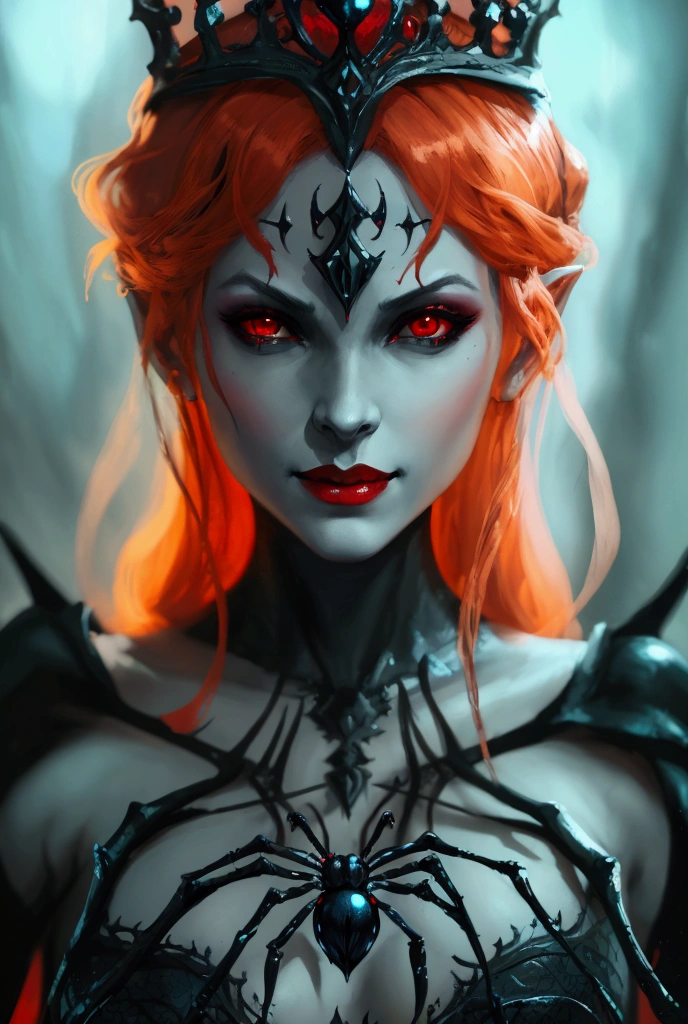 Illustration, queen, Elfa drow, red eyes, evil smile, Whole body, dark and dreary scenario , holding spider-shaped staff.