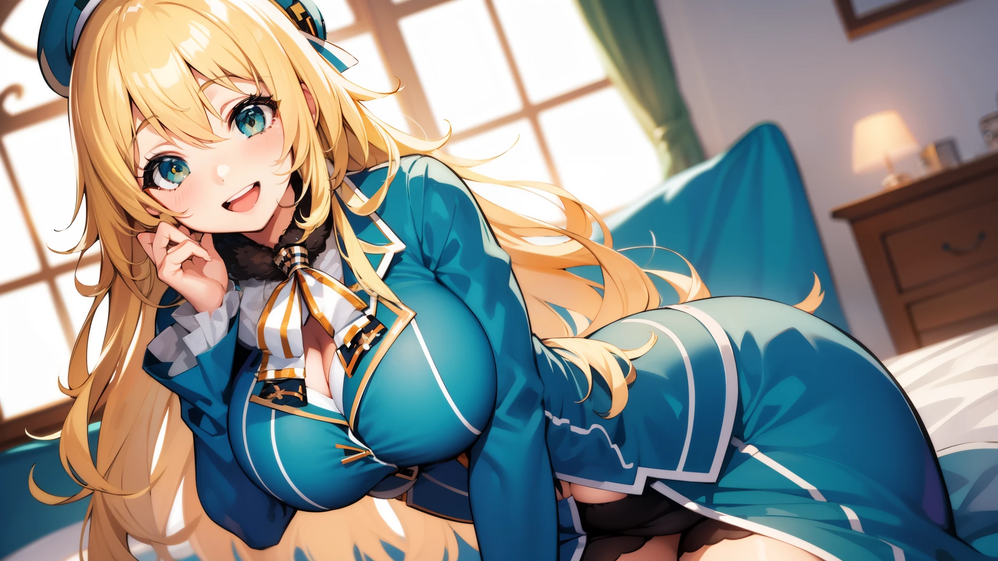 , Looking at Viewer,
blonde hair, large breasts, Smile, Open mouth, bsmile,wide hips,long hair,indoor,uniform,AtagoKC, (Atago) uniform,beret