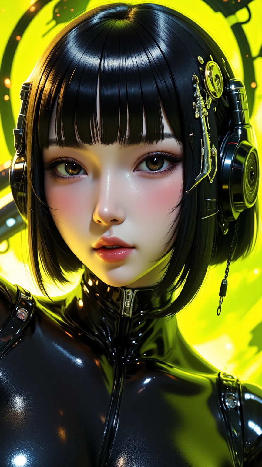 ((best quality)), ((masterpiece)), (detailed), perfect face of cyberpunk mecha japanese girl, shiny black eyes, shiny black body, shiny black hair, ((monochromatic black color palette)), surreal, art nouveau, in the illustrative style of moebius, spaceships, aliens, fantasy, sci-fi, graphic novel, line drawing, french retro, bizarre, gallery worthy, work of uncanny art, goth_punk, Harajuku, bokeh dof, Iridescent eyes, Black shimmering hair, Black eyebrows, Radiant hair, blunt bangs, hair adornments, Look at viewers, short hair, portraitures, side locks, neon yellow background, 
