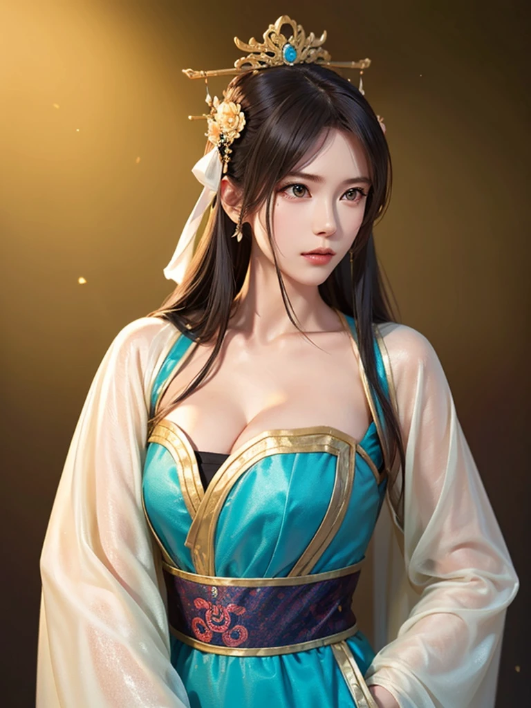 ancient chinese princess ， A girl wearing Hanfu, visual audience，,  beautiful girl 、Delicate body, Exquisite Eyes , Big 、Long hair,、Hair accessories Han Dynasty、Eternal,whole body、Lower Body，Three Kingdoms， (solid color background,,  simple background), Smoky environment, Adds a touch of mystery and drama to the scene. Soft and even lighting, Casts soft shadows, Create an atmosphere of seriousness and focus.