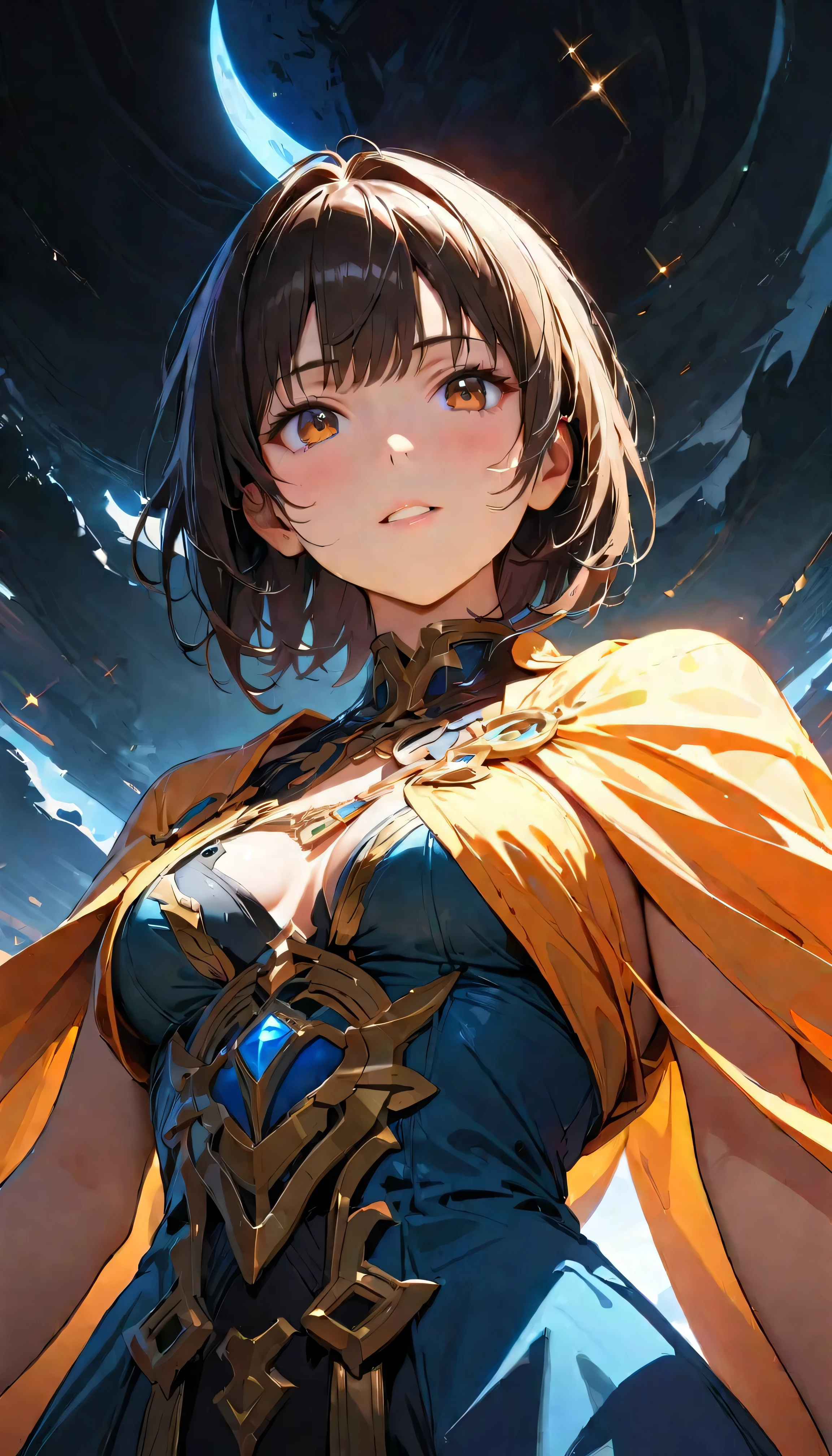 (Best Quality:1.2, very detailed , up to date, Vibrant, masterpiece:1.2, Best Quality, Best aesthetics), (( frontal upshot:1.4)), 8K Ultra HD, background blur, One Woman, 8k, very detailed , Beautiful Goddess, Backlight, Brown Eyes , ( best shadows ), absurd, (abyss), Beautiful sparkle, Mystical place, fantasy, alien world, In the Dark, Reflection of light, dynamic angle, dress, Black Hair, Dynamic Poses