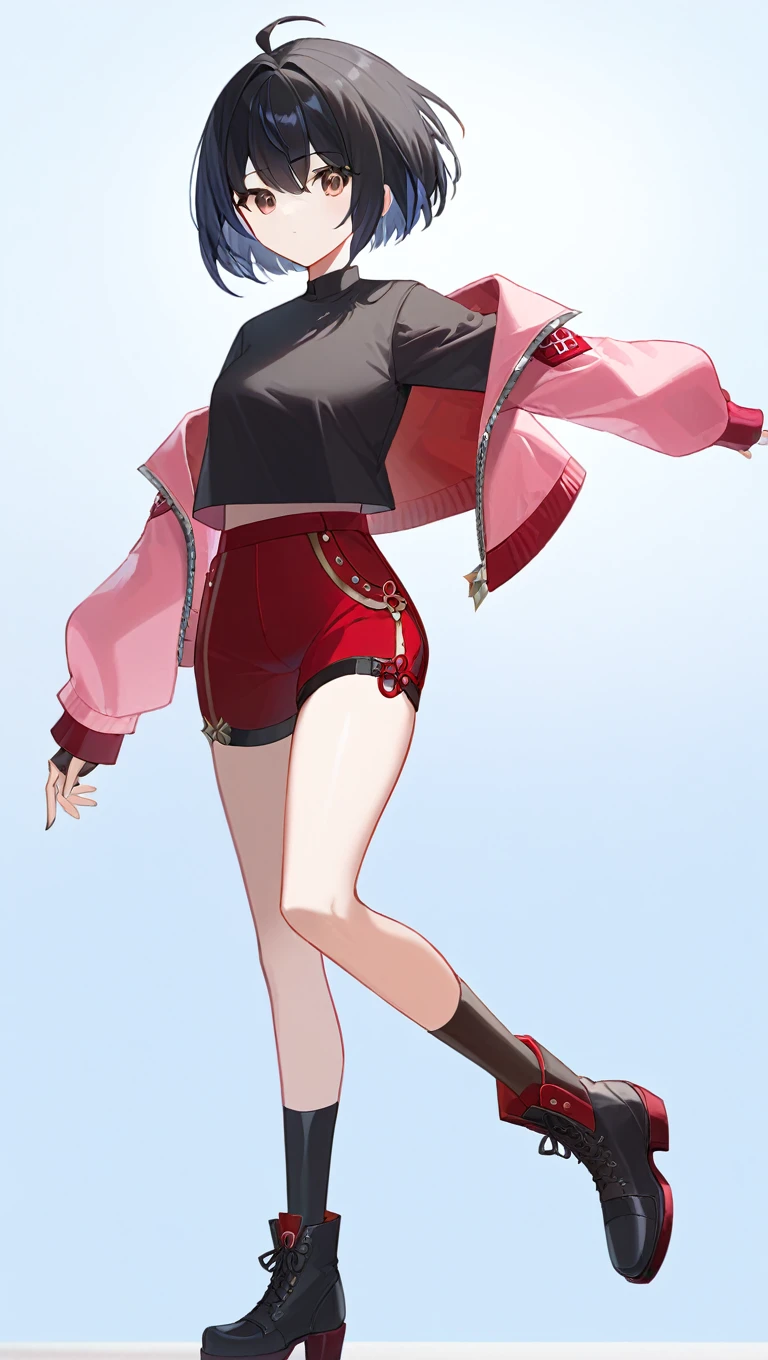 absurd res, high res, (masterpiece:1.4) (/genshin impact/), black hair with white gradient, brown eyes, short hair, chinese hairstyle, short pink jacket with black shirt, black boots, red eyeliner,  full body