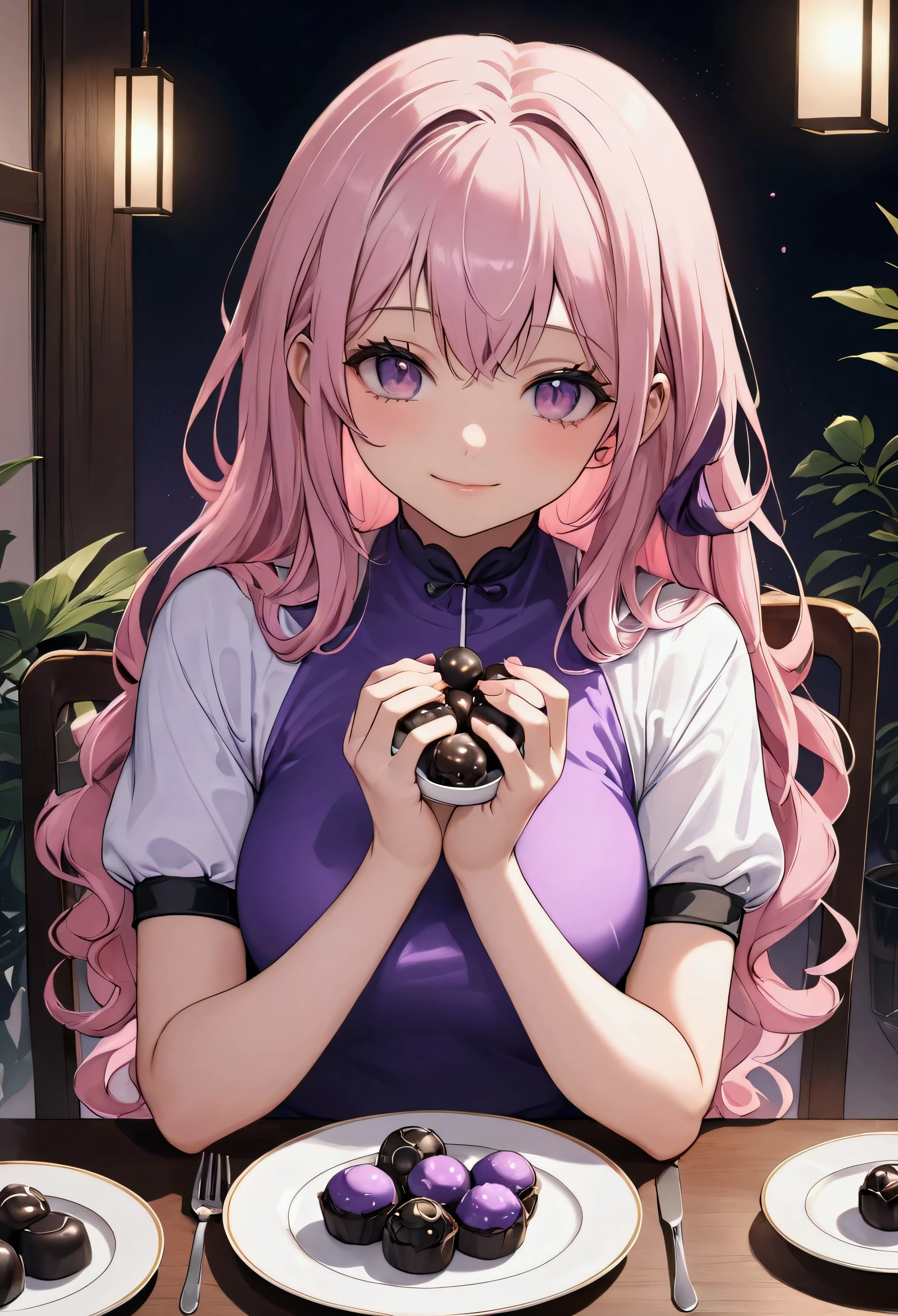 Best Quality,8k,masterpiece:1.3, Japanese anime style,Human Girl,1 person,1 person,Petite, Glamorous Bodies,Curvy, cute, Deliciously shaded purple sweets, smiling expression , beautiful long pink blond hair , beautiful emerald green eyes , pastel pink top and bottom jerseys ,White socks, sitting on a chair facing the table , There is a plate with lots of dark purple sweets on the table,Holding dark purple sweets on both hands ,