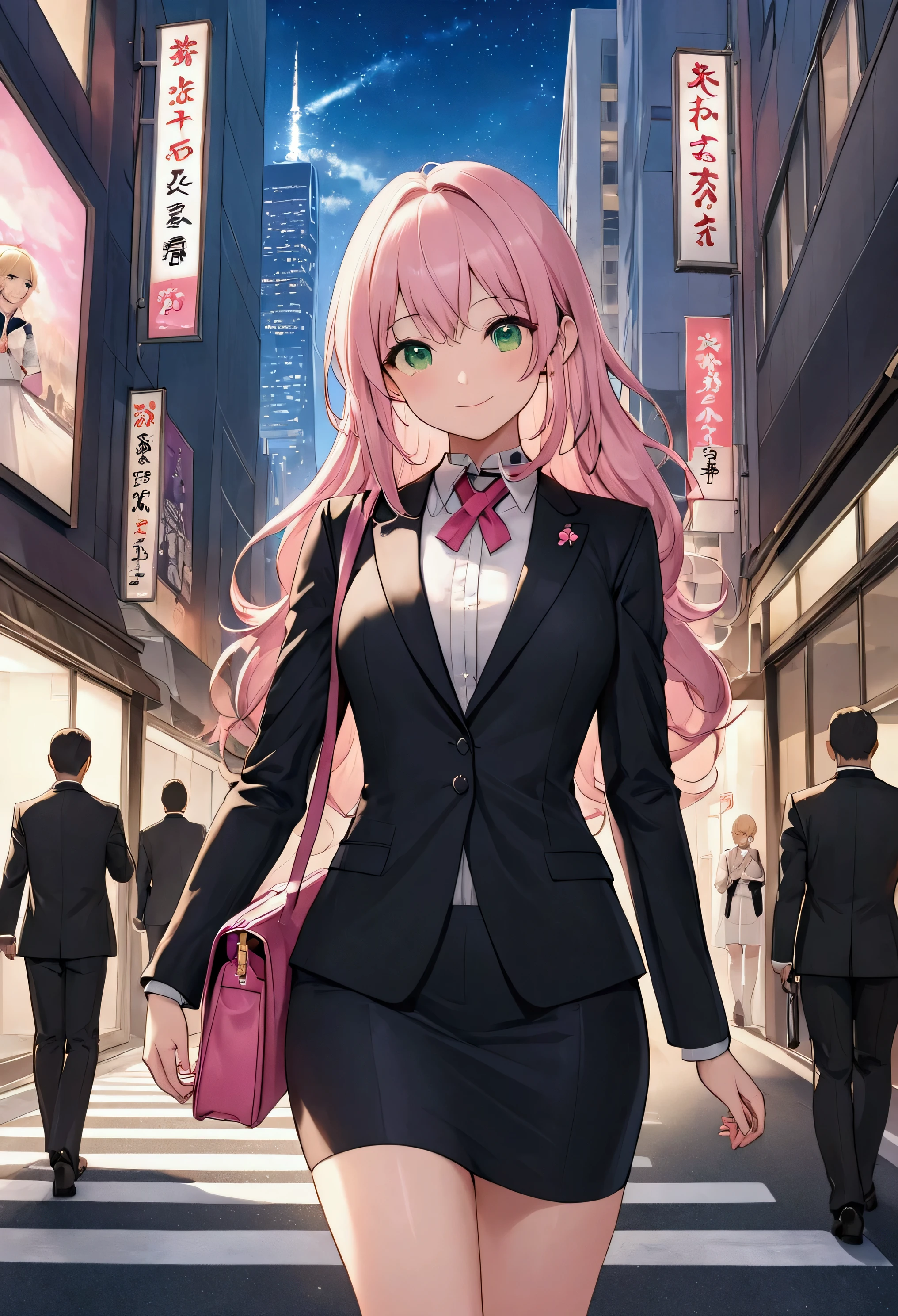 Best Quality、8k、masterpiece:1.3、 Japanese anime style、Human Girl、1 person、1 person、Petite、 Glamorous Bodies、curve、cute、smile、 beautiful long pink blond hair 、 beautiful emerald green eyes 、 black recruitment suit、Walk with a shoulder bag on your left shoulder、Japanese cityscape、Office District、