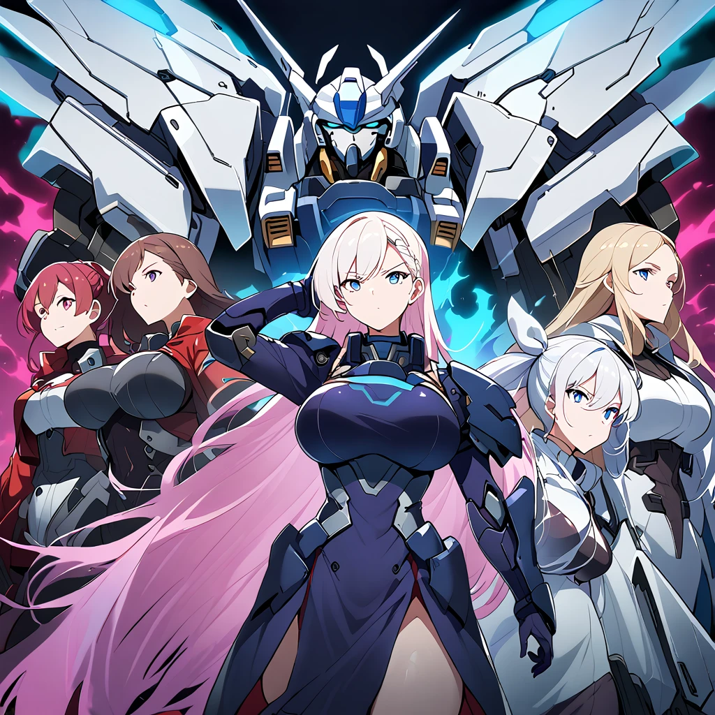 Anime, high detailed, multiple womans, mature womans, mecha armor, large mechanical wings, large Gauntlet, large shield in arm, serious, curvy body, long mechanical wings, mecha weapons、Colored armors、magenta Colored aura、BLUE Eyes, elongated pupils,  Mature Woman、magenta aura、womans surrounding, background in the space 