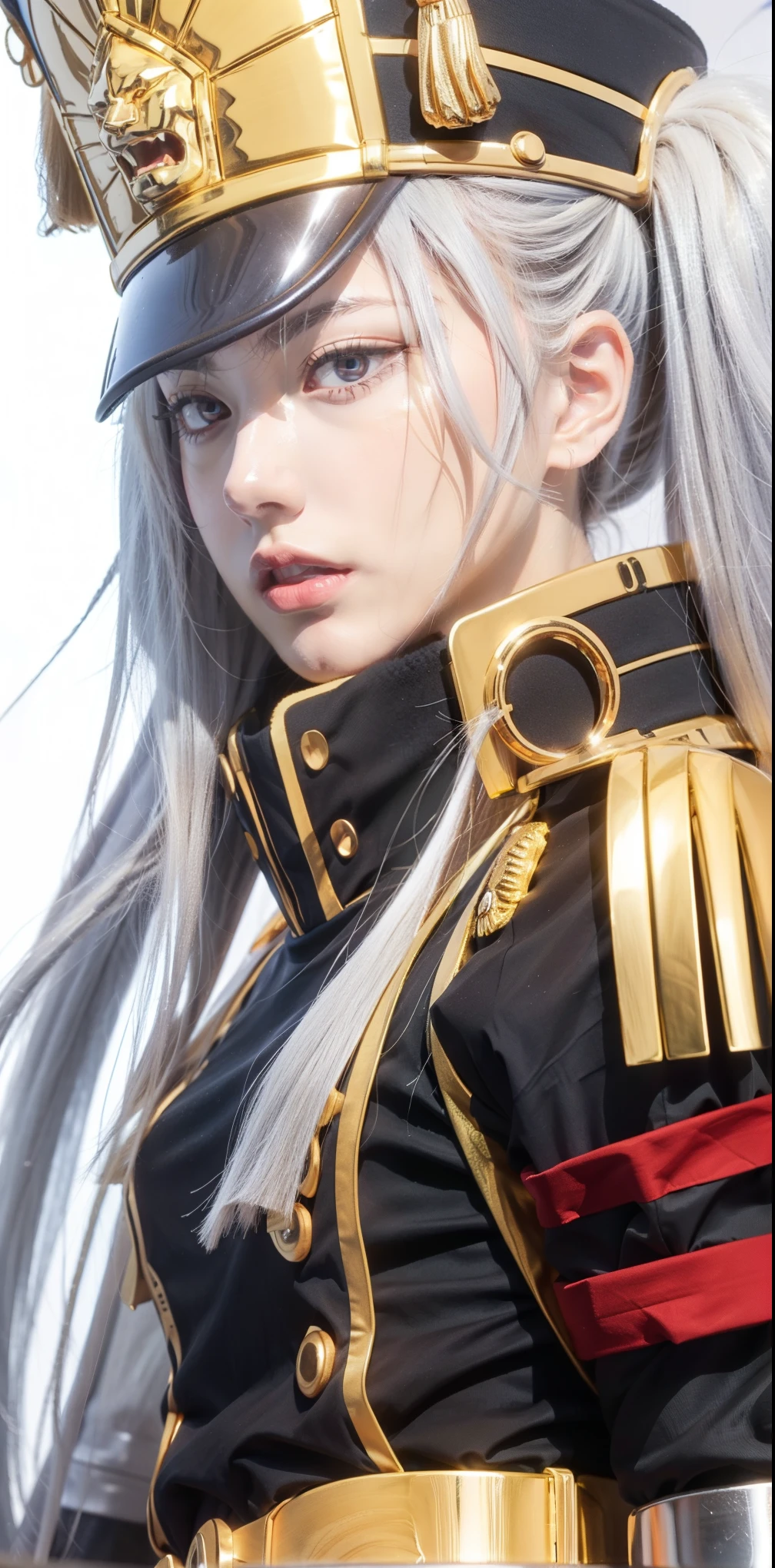 1girl, solo, close up , upper body, side view, looking at viewer, angry face, wallpaper, lined up katana in background