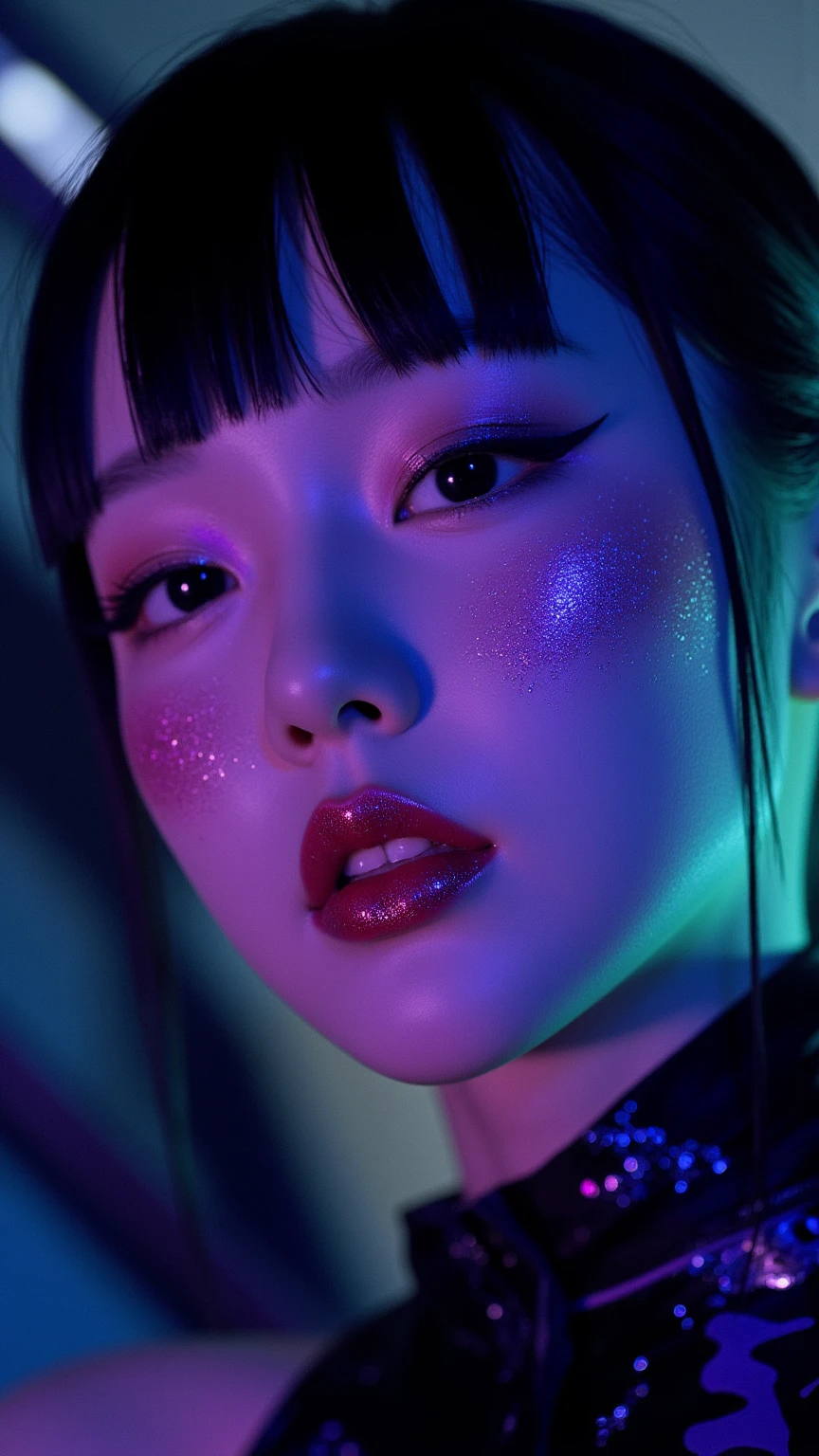 80’s glam rock makeup on shiny android face, anime, 2.5D, Glittery face, moody lighting, (purples, pinks, and blues), iridescent face, abstract ai model, japanese teen, pretty, sexy, minimal, sleek, slender, asian, elegant, chic, futuristic, retro, sophisticated half human half machine, close up face portrait,  big shiny lips, 
