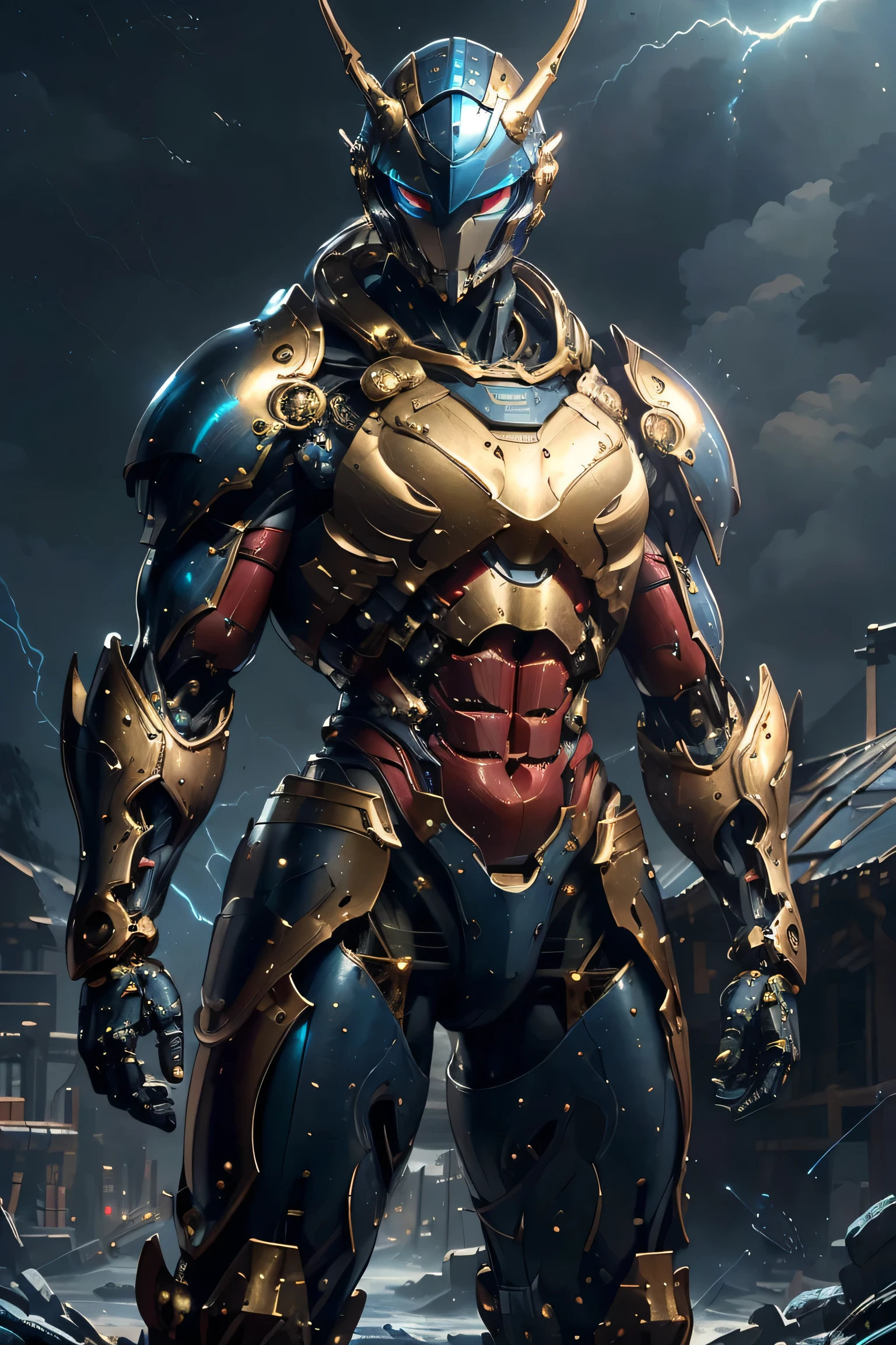 (( symbol of a large gold crescent moon on the forehead)), ((Sturdy Steel Armor )), (metallic: 1.5, blue and red suit: 1.5, Machine parts are visible under the suit), (Japanese hero, whole body), (mech bodysuit with swords: 1.5), ((storm: 1.5, typhoon: 1.5)), cyberpunk city, My eyes are shining brightly, Suit parts are large , Lots of LEDs, ( helmet with sharp antennas), Unreal Engine 5, High image quality,  best quality ,  Kampala, Super detailed, Fine painting,  extremely delicate , professional,  anatomically accurate , creativity, RAW Photos, 超 Kampala, 32K, Natural Light, Cinema Lighting, masterpiece-anatomy-perfect, masterpiece:1.5, ( portrait), (action pose), ((was a mecha)), (fur collar ), (Machine Face)