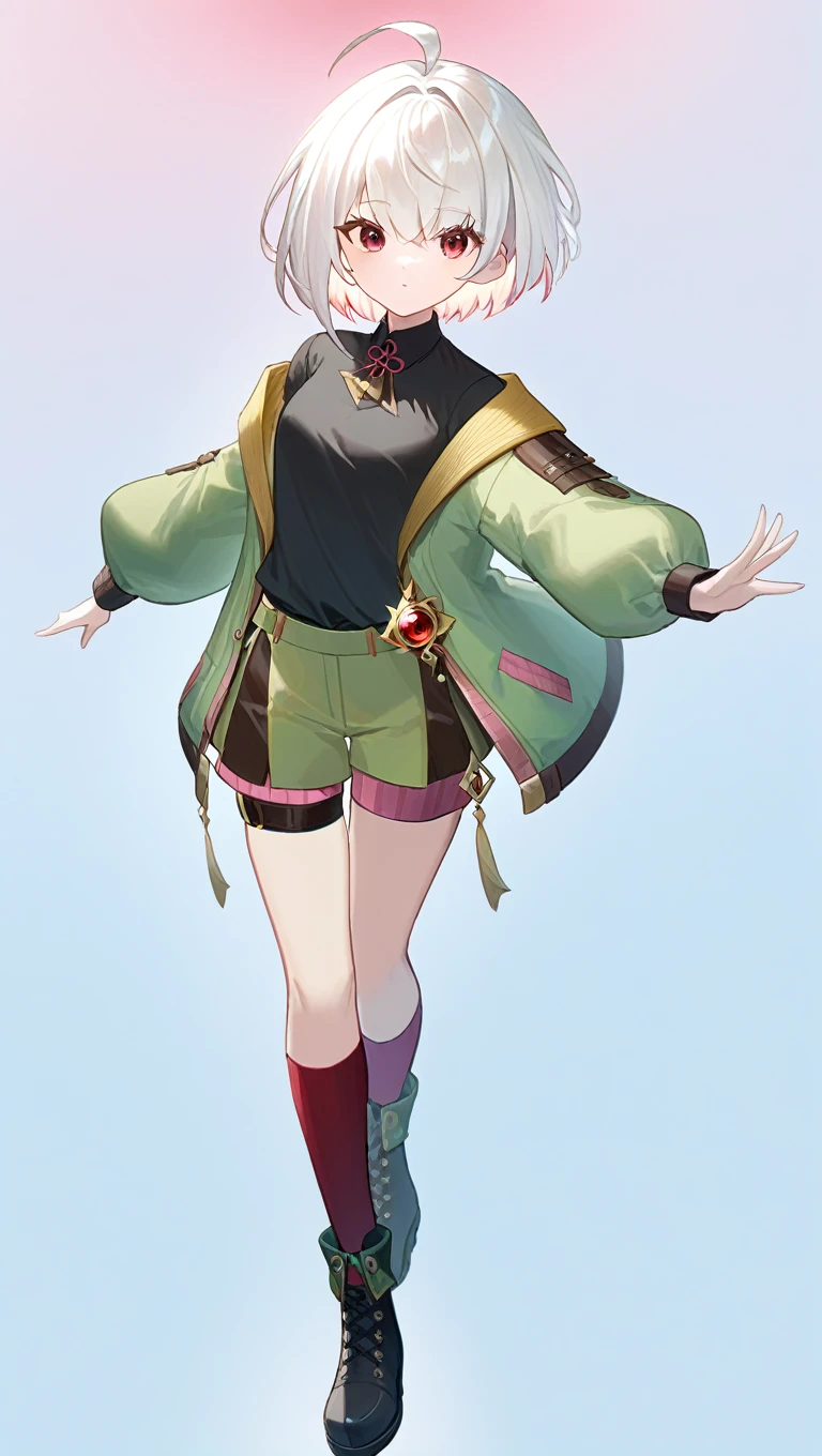 absurd res, high res, (masterpiece:1.4) (/genshin impact/), albino, white hair, red eyes, brown eyes, short hair, chinese hairstyle, short pink stripped green jacket with black shirt, black boots, red eyeliner,  full body