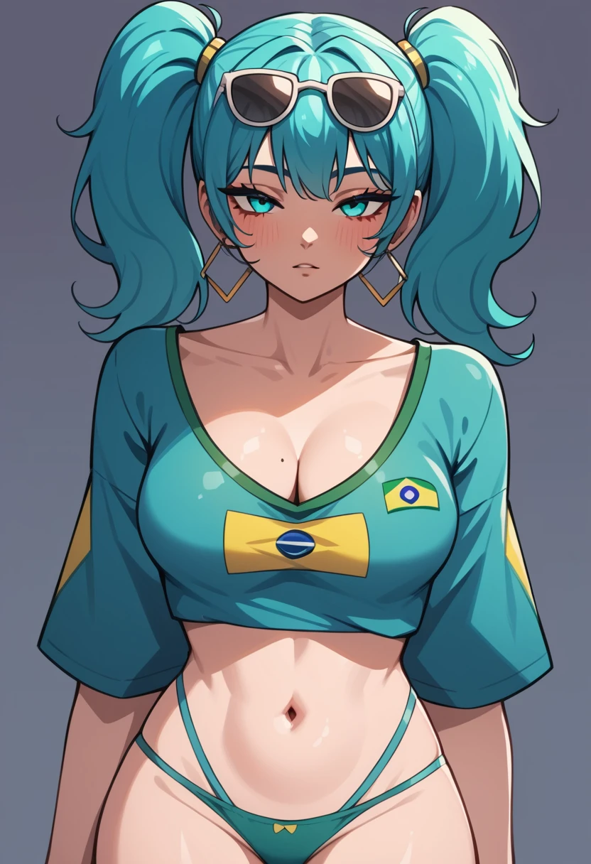 (Simple art style), 2d, masterpiece, best quality, very aesthetic, absurdres, dynamic shadows, atmosferic, brazilian_miku, 1girl, solo, aqua hair, (twintails), bangs, aqua eyes, medium breasts, (curvy body), , blush,  cleavage, blue garters, green panties, red crop top, , off shoulder, short sleeves, sunglasses on headt, (dark skin:0.2), , , from front, , (looking at viewer:1.0), ,  kimono style, Portugal flag print, half-lidded eyes,  cupping own breasts,  sexual gaze