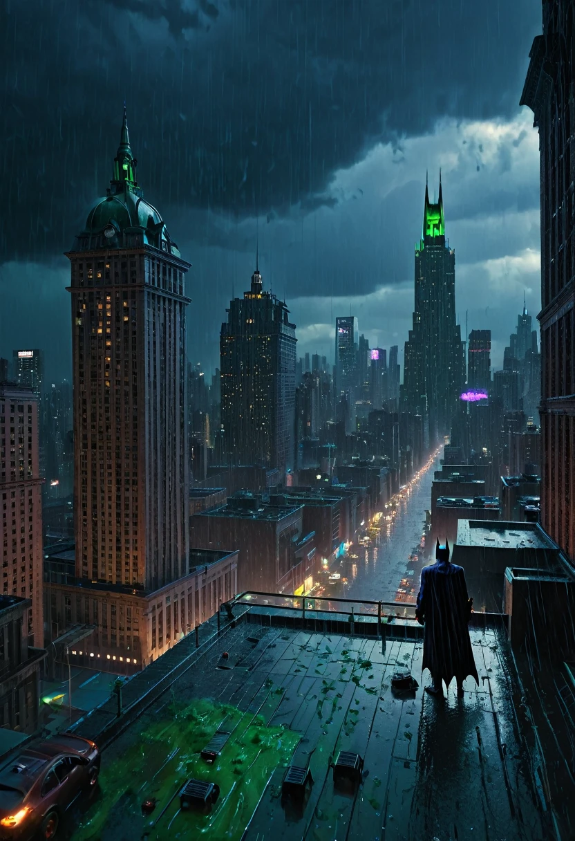 a dramatic aerial shot of Gotham City skyline, dark clouds and heavy rain, neon city lights, Batman and Joker in an intense rooftop battle, highly detailed, cinematic, photorealistic, 8k, hyper detailed, moody and atmospheric, dynamic action pose, dramatic lighting, volumetric lighting, realistic physics, rain and water effects, gritty and grungy, intricate architecture, dramatic shadows, comic book inspired, dynamic camera angle