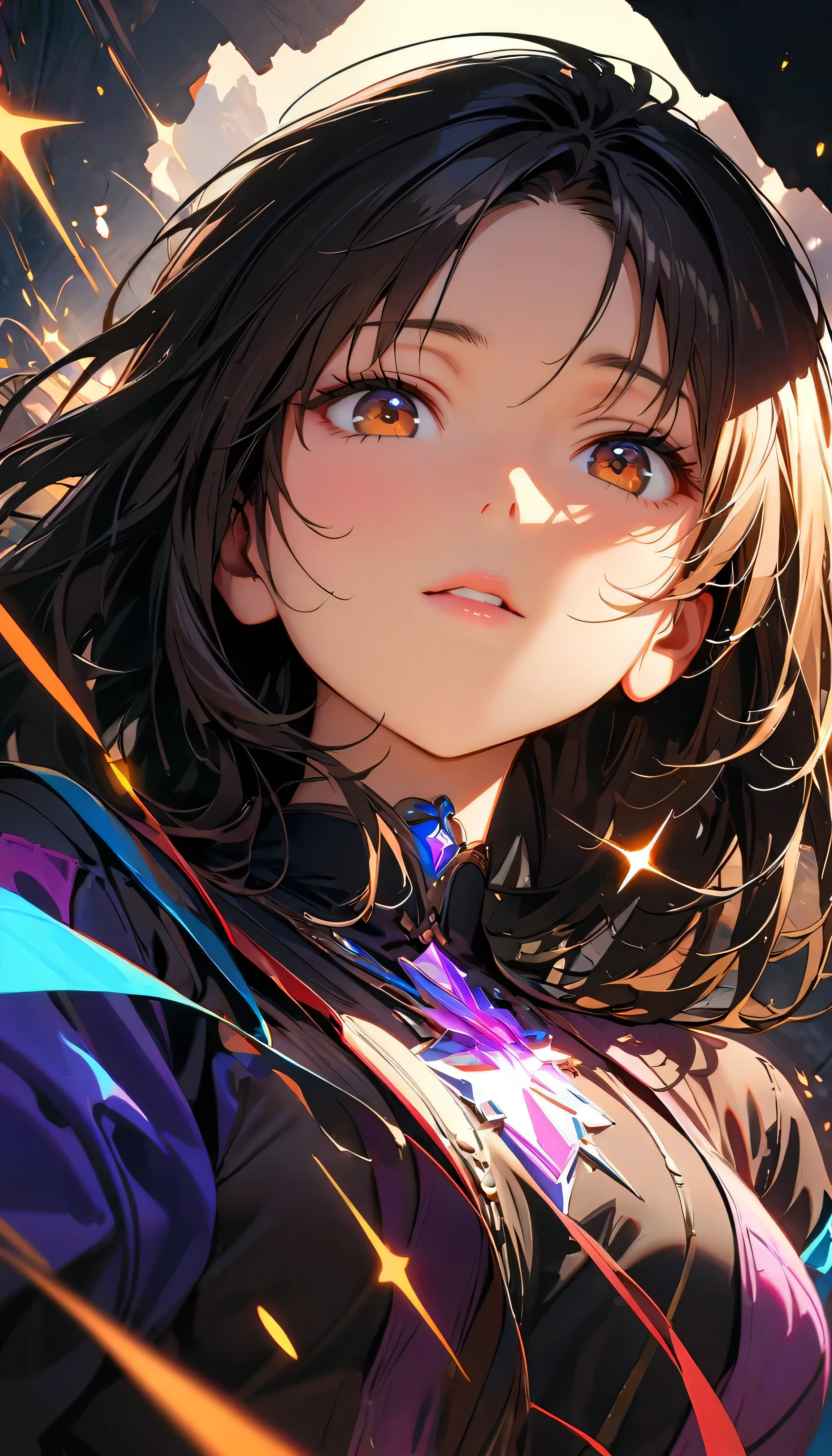 (Best Quality:1.2, very detailed , up to date, Vibrant, masterpiece:1.2, Best Quality, Best aesthetics), (( frontal upshot:1.4)), 8K Ultra HD, background blur, One Woman, 8k, very detailed , Beautiful Goddess, Backlight, Brown Eyes , ( best shadow without bangs), absurd with 22 people, (abyss), Beautiful sparkle, Mystical place, fantasy, alien world, In the Dark, Reflection of light, dynamic angle, dress, Black Hair, Dynamic Pose