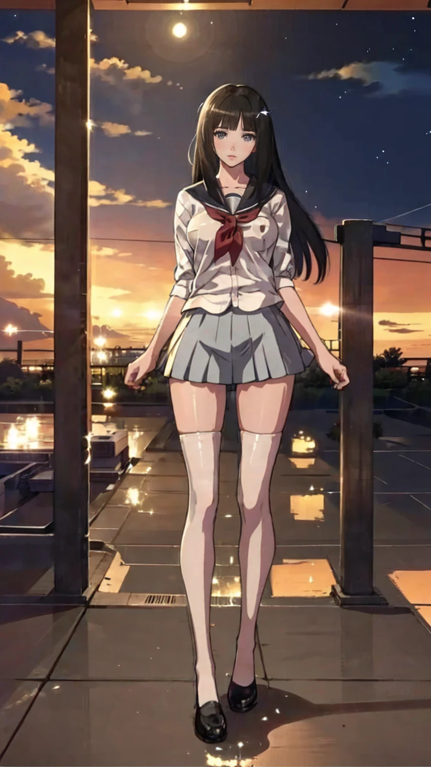  beautiful anime-style scene of a young woman standing under a shining full moon , Soft ,  Aethereal Light . She has been a long time,  Flowing black hair with brown and gold hues ,  gently swaying wind over the night sky . her calmness,  Her gentle expression staring into the distance captures that moment.  The background depicts a clear night sky strewn with stars , And a big ,  Moon that shines prominently behind her .  Distant planets with rings are visible near the Moon ,  Adding an element of fantasy to the scene .  She wears loose casual clothes ,  A bright shirt and fitted jeans ,  stands gracefully against a peaceful background , A dreamlike night.
