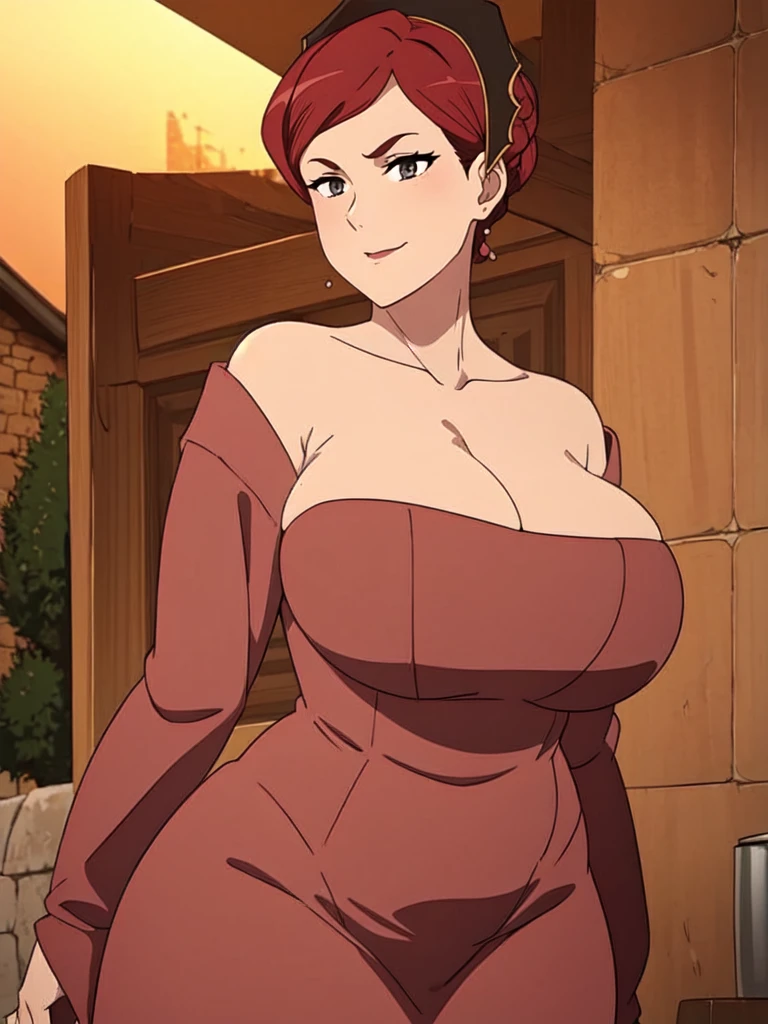 ((Farmer outfit with cleavage)), maroon hair, Gilf, busty, huge, cleavage, detailed, upperbody, wringkle skin,Sagging breast,Fullbody view,wedding ring,Smile,((Wedding Ring)),Detailed body,Hyper Quality,Sign of Aging,Curvy figure,Bloated belly,Skindentation,Wringkle in face,Colorless lips, Gorgeous and sultry busty athletic (thin) peasant with sharp facial features wearing a modest updo, messy bun, medieval cap, (wimple), shawl, coarse wool dress, rough-spun grey and brown medieval dress, long sleeves, wide neck, long dress, tight bodice, corset, Middle Ages, cottage, farm, exterior, trees, countryside, evening, sunset.