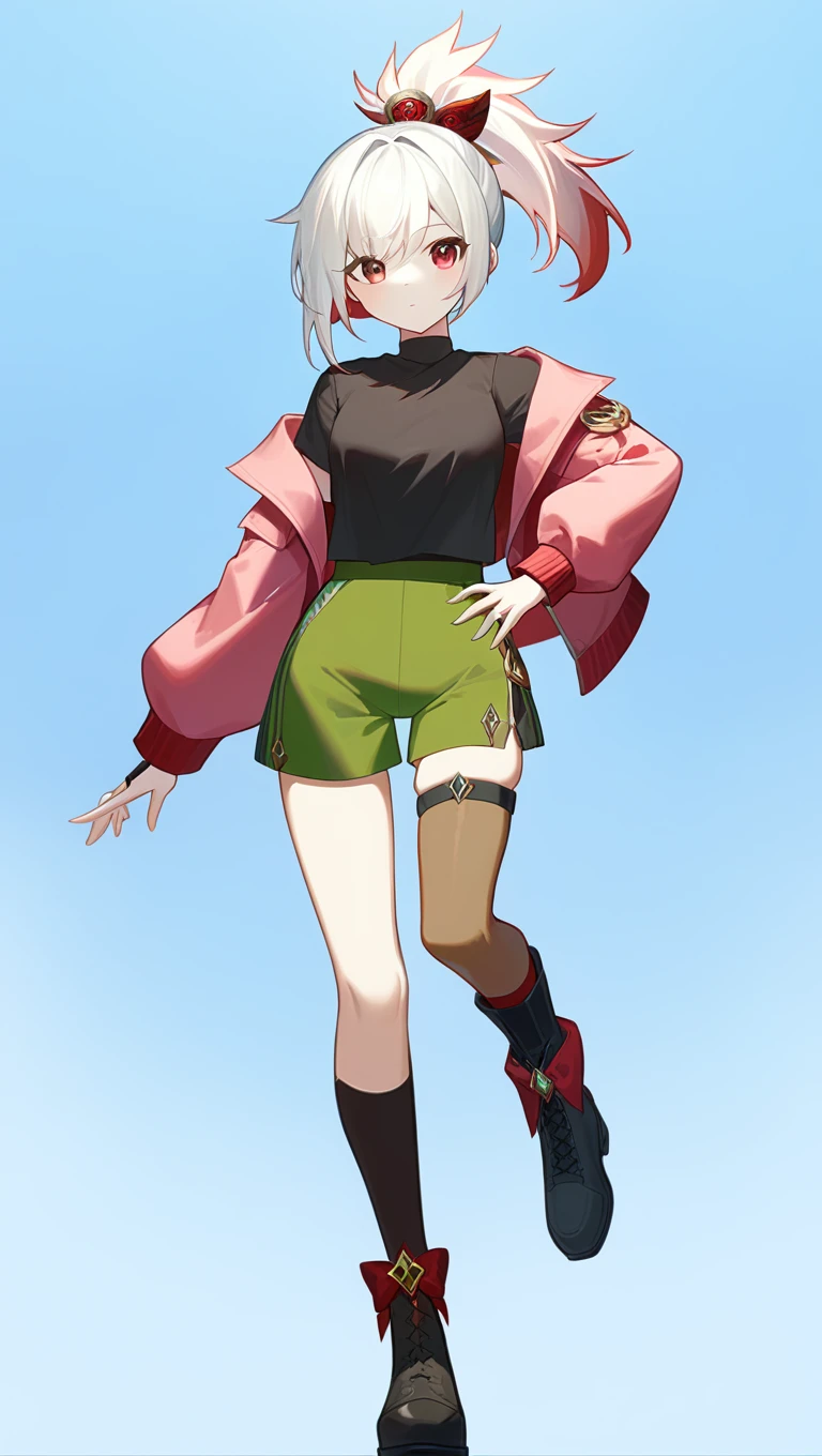 absurd res, high res, (masterpiece:1.4) (/genshin impact/), albino, white hair, red eyes, brown eyes, short hair with a ponytail, chinese hairstyle, short green stripped pink jacket with black shirt, black boots, red eyeliner,  full body