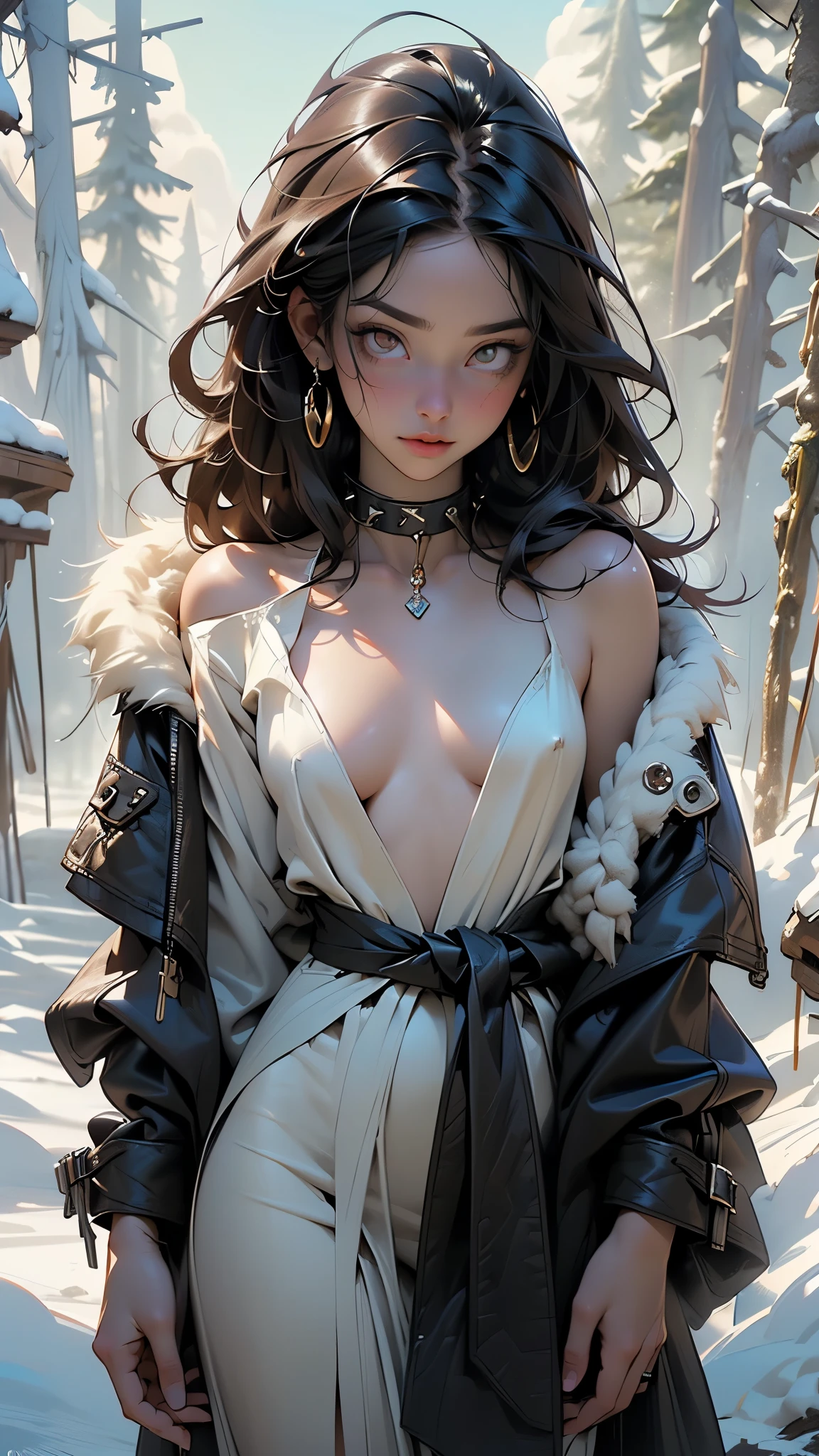 1girl, waist up, art by Ian Davenport,art by Cecily Brown,  concept art, Portait of a Moody [shu qi:Jennifer Lawrence:5], wearing Eclectic Fur Fringe top, Ruff, Anklet, Makeup, Cosy, loop lighting, 80mm, official art, unity 8k wallpaper, ultra detailed, aesthetic, masterpiece, best quality, photorealistic