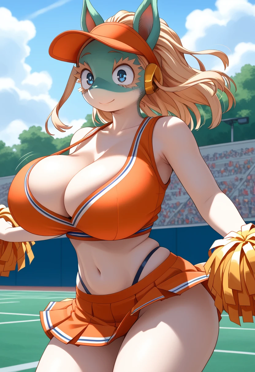 score_9, score_8_up, score_7_up, masterpiece, best quality, highres, hyper-realistic detail under the ambient lighting, epic realism captured in this 8K portrait ,(wide hips, thick hips),thick thighs,saggy breast,bursting breast,big hips,milf,((close up)),cowboy shot,source_anime,rating_questionable, masterpiece, best quality, solo,1girl, vibrant colors,lora:Char - My Hero - Ippan Josei v1:1.0, colored skin, two-tone skin, snout, furry, blue eyes, light smile, cleavage,(curvy),big girl,bursting breast,saggy breast,big hips,wide hips,thighs,in park, background,AddXL,ippan_josei,pubic hair slip,(((view from behind))),butt,ass focus,orange cap,(((white cheerleader outfit))),thong focus,hanging breast ,bouncing boobs