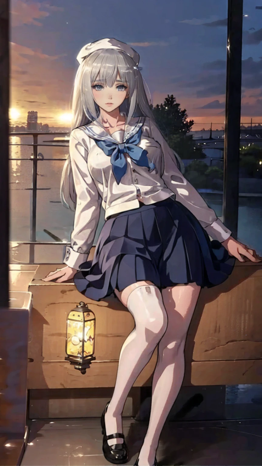 (masterpiece:1.2),(4K), high quality,  super high definition,(  perfect anatomy),( 1 girl), It's a person  ,Silver long hair,  Beautiful Delicate Blue Eyes  , Faces smiling indoors  , Viewers,Long Sleeve Petal Collar Blouse  , White Newsboy Cap ,Tiered skirt,Unfairly Beautiful,Dreamy and romantic, Fantastic and Dreamy Theme ,  Mysterious Atmosphere  ,  Enchanting Dreams  ,  beautiful scenery  , Add dramatic and iconic elements to your scene,Near the waterfall
