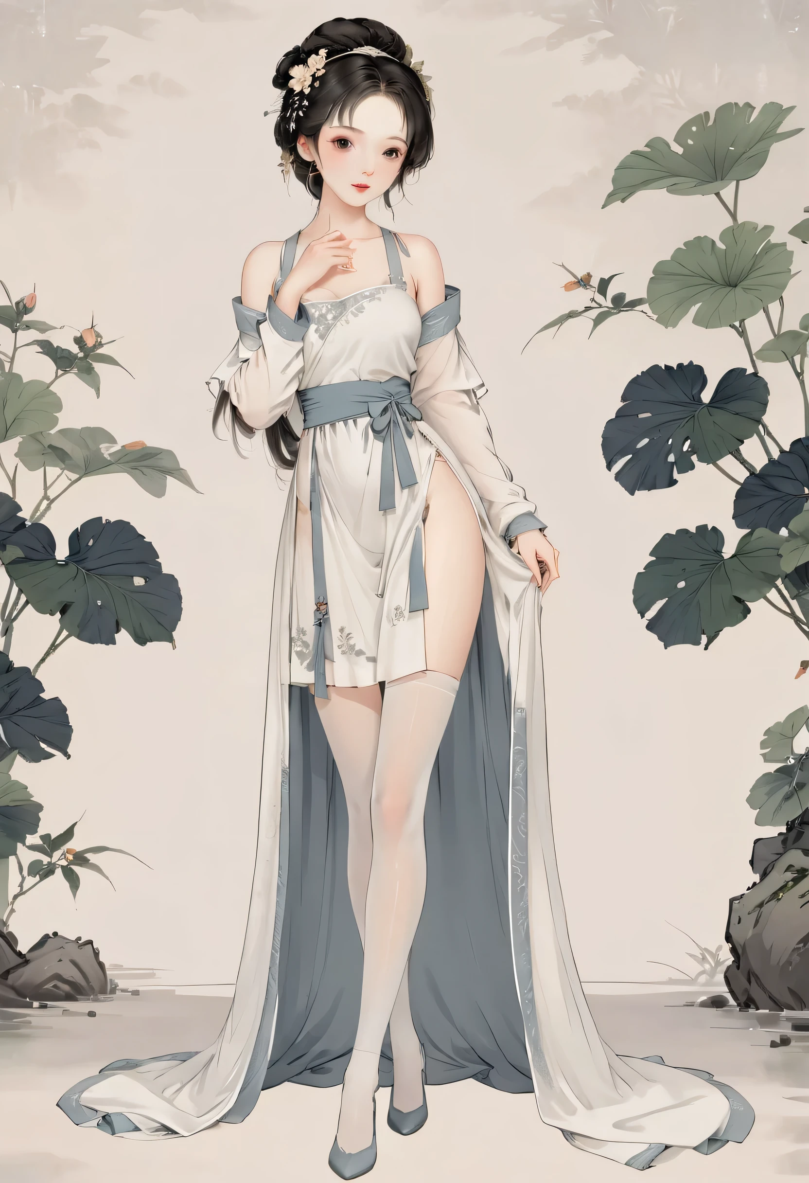8k, masterpiece, best quality, 2D, ( Traditional Chinese Ink Painting :0.2),Wearing Hanfu, grey pantyhose, The grey pantyhose on the legs are exposed,Long Legs, Seductive Postures, Sexy pose, Very beautiful slender legs , Juicy legs, Wear a Short skirt, Long, thin legs , Beautiful legs, Cute and elegant pose, sexy look, Very beautiful slender legs,pale milky white porcelain skin, good hips and Long Legs,Breast fullness,young body, Expose thighs

