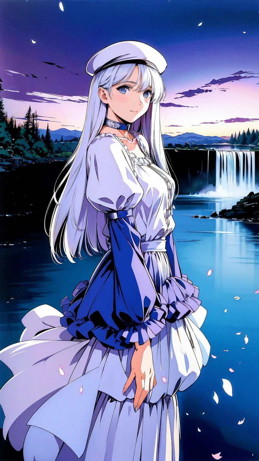 (masterpiece:1.2),(4K), high quality,  super high definition,(  perfect anatomy),( 1 girl), It's a person  ,Silver long hair,  Beautiful Delicate Blue Eyes  , Faces smiling indoors  , Viewers,Long Sleeve Petal Collar Blouse  , White Newsboy Cap ,Tiered skirt,Unfairly Beautiful,Dreamy and romantic, Fantastic and Dreamy Theme ,  Mysterious Atmosphere  ,  Enchanting Dreams  ,  beautiful scenery  , Add dramatic and iconic elements to your scene,Near the waterfall
