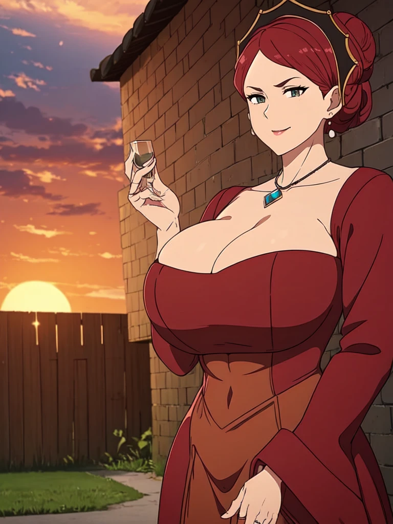 ((Farmer outfit with cleavage)), maroon hair, Gilf, busty, huge, cleavage, detailed, upperbody, wringkle skin,Sagging breast,Fullbody view,wedding ring,Smile,((Wedding Ring)),Detailed body,Hyper Quality,Sign of Aging,Curvy figure,Bloated belly,Skindentation,Wringkle in face,((Colorless lips)), Gorgeous and sultry busty athletic (thin) peasant with sharp facial features wearing a modest updo, messy bun, medieval cap, (wimple), shawl, coarse wool dress, rough-spun grey and brown medieval dress, long sleeves, wide neck, long dress, tight bodice, corset, Middle Ages, cottage, farm, exterior, trees, countryside, evening, sunset,blue drop earring