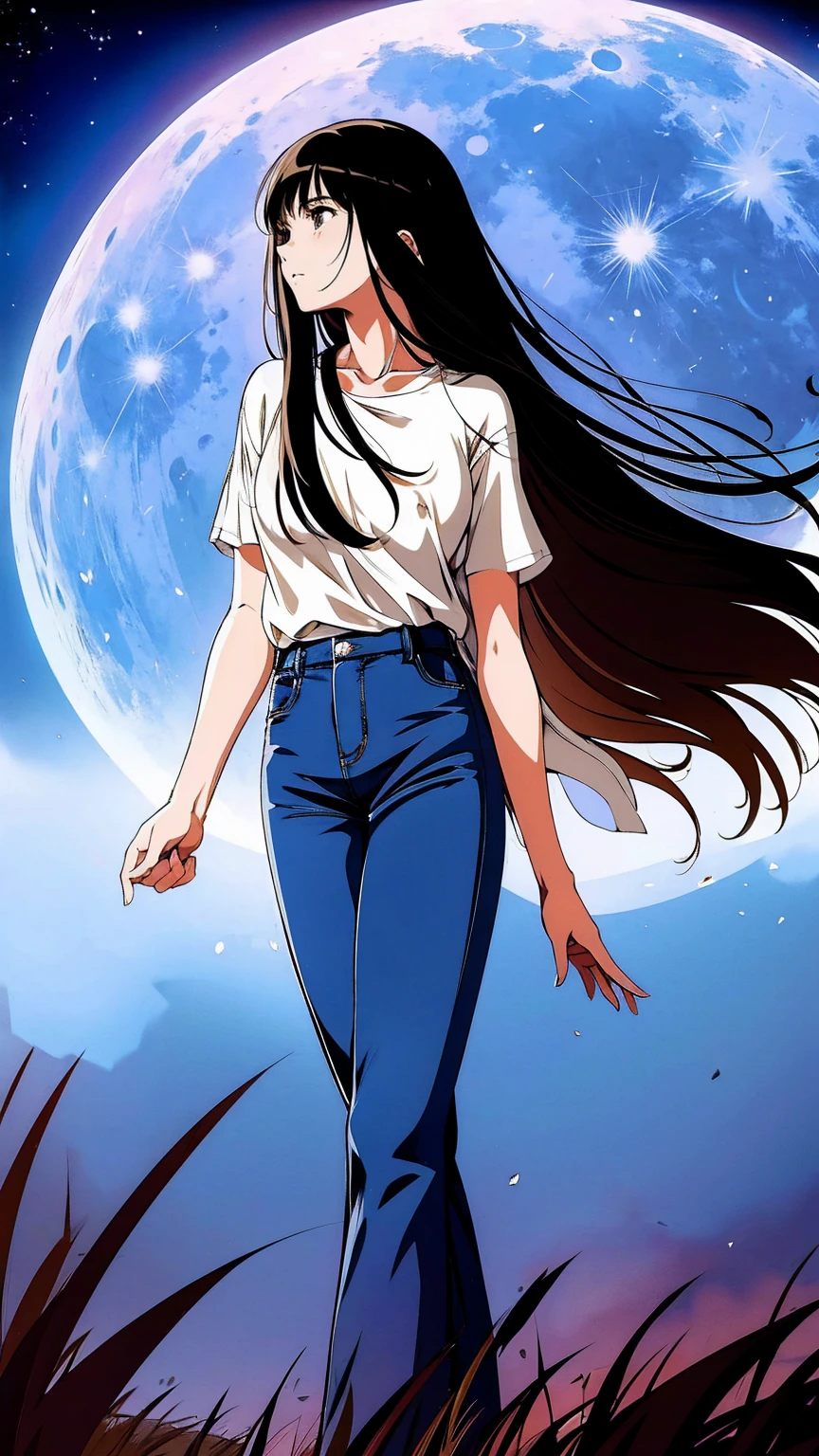  beautiful anime-style scene of a young woman standing under a shining full moon , Soft ,  Aethereal Light . She has been a long time,  Flowing black hair with brown and gold hues ,  gently swaying wind over the night sky . her calmness,  Her gentle expression staring into the distance captures that moment.  The background depicts a clear night sky strewn with stars , And a big ,  Moon that shines prominently behind her .  Distant planets with rings are visible near the Moon ,  Adding an element of fantasy to the scene .  She wears loose casual clothes ,  A bright shirt and fitted jeans ,  stands gracefully against a peaceful background , A dreamlike night.
