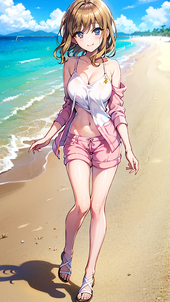 Full body depiction.Outfit: Light pink camisole, beige lace cardigan, white shorts, espadrille sandals.
Location: Beach.
Pose: Smiling, walking on the beach, hair blowing in the wind, showing armpits, emphasizing chest.(Image:3k Pixels.Draw with beautiful lines. Number of people: 1 person).(1 right arm).(1 left arm).(1 right leg).(1 left leg).((Perfectly balanced 5 fingertips)).