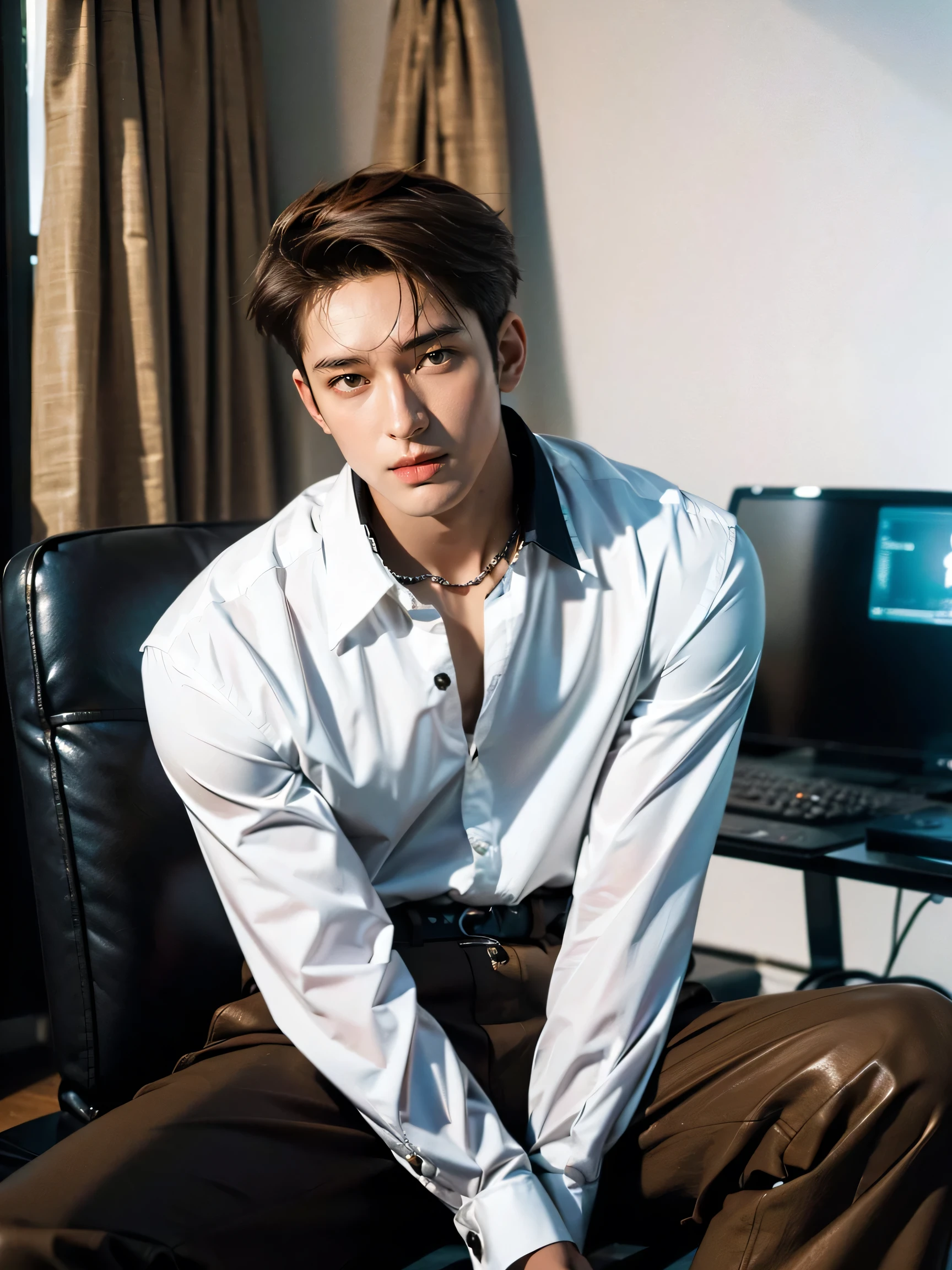 photography, masterpiece, best quality, 8k, highres, A Yung man，20 years old，Height 190cm,Tall model figure,(The most handsome man in the world)，(((brown hair))) , (20 years old asian man:2), super young:2 ,(black eyes),  ((Korean man)), (((Asian Men))),handsome, with a sexy body, He poses handsomely，He is a Korean idol，((half body to knees shot))，(digital photography,realistic,Photorealistic,Photoreal) ,(bestquality), (top-quality), (high-level image quality), (((Bright and even light))),, (((Bright and even light))), (((Bright and even light))),(macular man ),(dark skin:1.9),(macular man ),((alone)) ,(long pants),Korean Fashion,((complete clothes))，(((buttoned shirt))),(((buttoned shirt))),( long Pants),(((without makeup))), long sleeve shirt,trousers, shirt ，oversized，belt, short hair， Special Design shirt , jacket，Fashion shirt ,Black and White Dress , relaxed pose,trousers,  trousers,In a soundproof room、Record a song、Everyday photography、((Shot alone))、((Upper body photography))