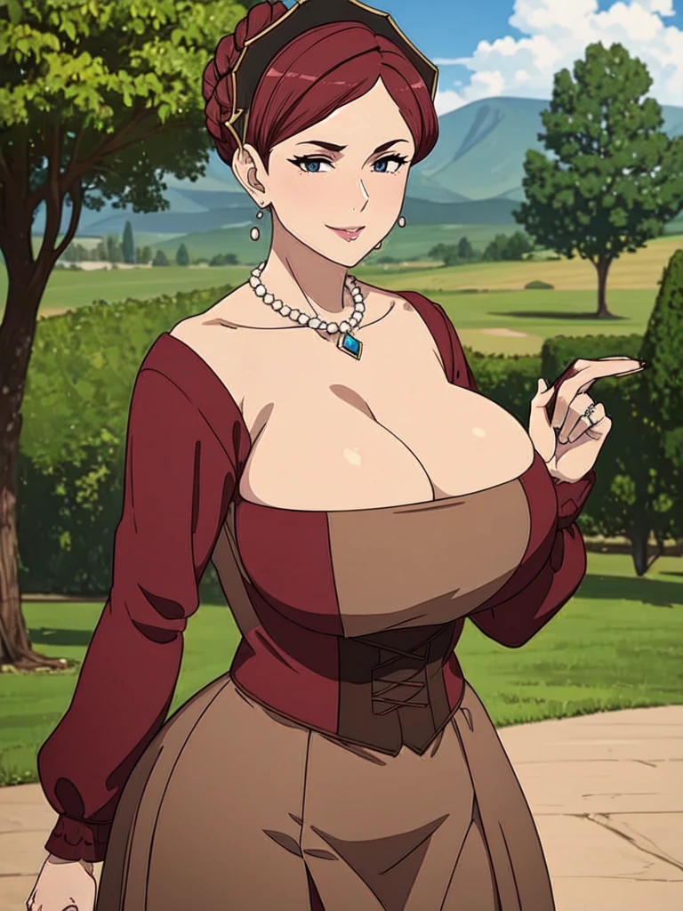 ((Farmer outfit with cleavage)), maroon hair, Gilf, busty, huge, cleavage, detailed, upperbody, wringkle skin,Sagging breast,Fullbody view,wedding ring,Smile,((Wedding Ring)),Detailed body,Hyper Quality,Sign of Aging,Curvy figure,Bloated belly,Skindentation,Wringkle in face,((Colorless lips)), Gorgeous and sultry busty athletic (thin) peasant with sharp facial features wearing a modest updo, messy bun, medieval cap, (wimple), shawl, coarse wool dress, rough-spun grey and brown medieval dress, long sleeves, wide neck, long dress, tight bodice, corset, Middle Ages, cottage, farm, exterior, trees, countryside, evening, sunset,blue drop earring