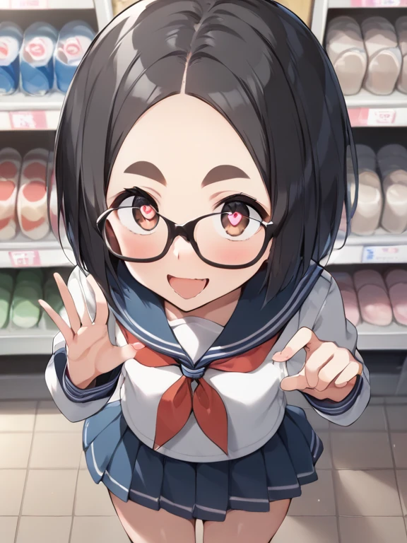  score_9,  score_8_up,  score_7_up,  score_6_up, sauce_anime break，nsfw，  best quality ，Masterpiece，( detailed background  :1.2)，Fisheye Lens，Very young tiny ， black long sleeve sailor suit and middle skirt， slightly thicker middle school girl ，Serious girl， wearing disguise glasses ，Interested in sex 々，Baby Face，(Broad shoulders:1.2)，shiny skin，Black Hair，Bob Hair，(Short blunt bangs )，( thick eyebrows )，(Wide forehead)， very excited and hopeful ，私nvite Her Cute Butt :1.5， illustration style，Looking up、  background blur，Buy a box of condoms with a strawberry smell at the checkout counter at a drug store，(  full of embarrassment )，impatience，Heart Particles，Heart Eyes，Cunning gestures，The Temptation of a ittle Girl，