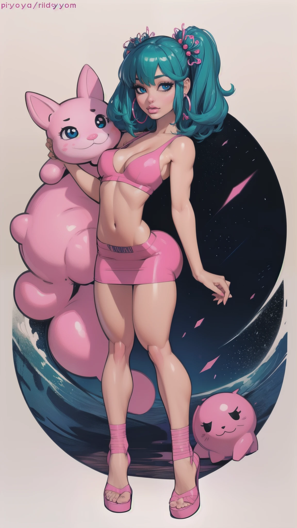 dynamic action pose, Anatomically correct, Imagen centrada, full body, general plan , raw photo、realistic、Oriented to the realistic、 hair ornaments 、Earrings、tattoo、godo_punk, 1 girl, alone,、of the highest quality, realistic, Super delicate illustration , Beautiful and attractive girl, Miku Hatsune, thin body, with tied hair, A girl, pictures of girls, full body shot , Beautiful blue eyes , looked back、pink chewing gum leather clothing , hair ornaments 、joya、Miku Hatsune、raw photo、 masterpiece :1.5、of the highest quality、 ultra high resolution 、Medium depth of field、movies section、 UHD, Retina, masterpiece, Accurate, Anatomically correct, textured skin, Super detail, high details, high quality , best quality, highres, 1080P, HD, 16K