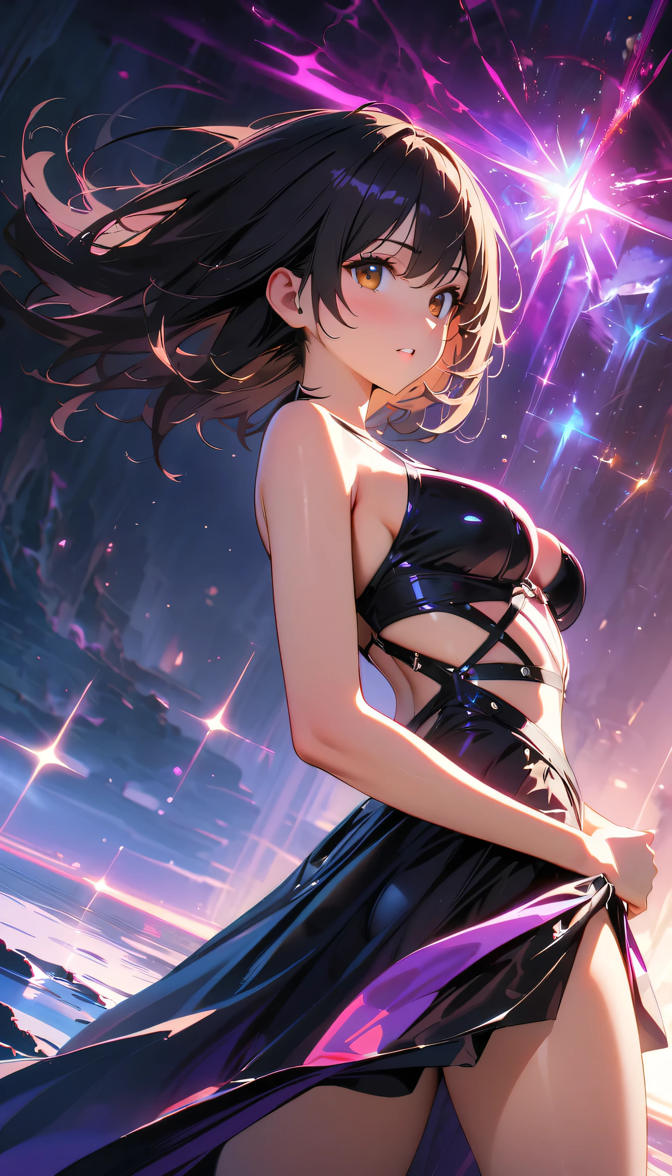 Official art, Unity 8k Wallpapers, ultra-detailliert, Beautifully Aesthetic, ​masterpiece, top-quality, realisitic, a closeup, Skindentation, interface, A detailed eye, A detailed face, detailed hairs, black backgrounds, straight-on, looking at the viewers, The sheen, Anime, looking at viewer with a cigarette in her mouth, Long transparent iridescent RGB hair, 1girl in, Solo, fronds, Long hair, Blurry,,  Parted lips, Outdoors, Floating hair，huge tit，, ((nude, breasts and genitals exposed, vulva and clitoris exposed)),Bangs, full body, Open mouth, tusk, Brown eyes, Wind, Winters，Yuki，snowscape，Blurry background, day, depth of fields, bug, kana oshi no ko