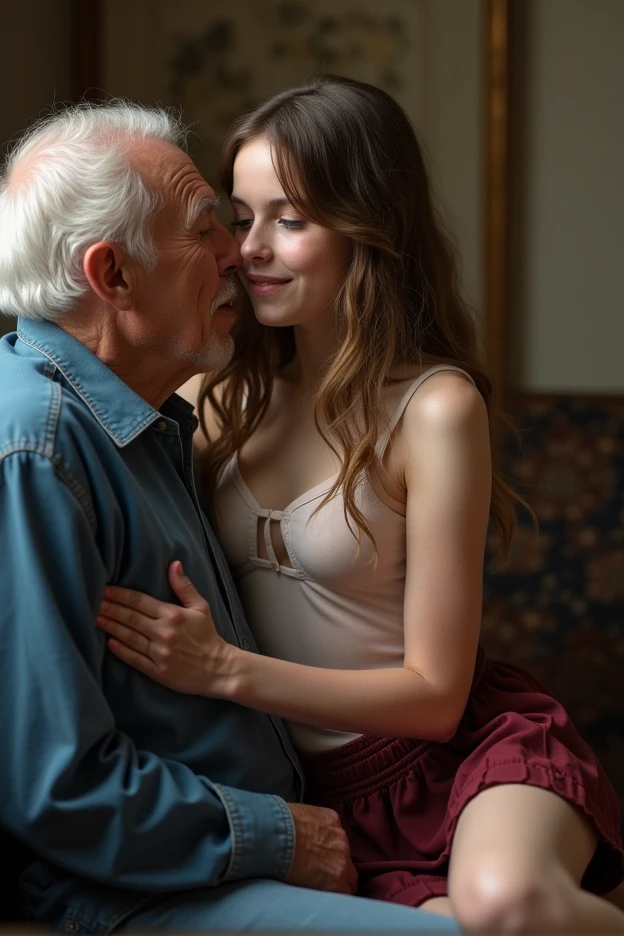 12 yo  girl, old man opening croptop revealing naked body,Beautiful blue eyes, long sexy hair, ((being seduced and fondled on her small breasts by an elderly man)),  old man groping breasts, kising old man.