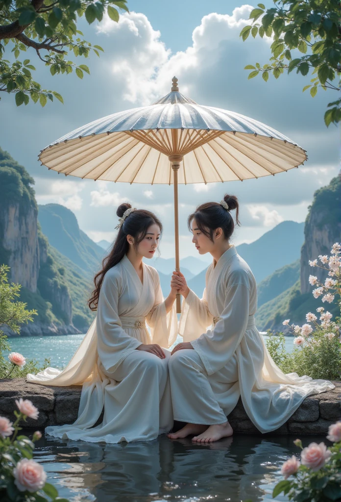 gsxjl ,umbrella,Outdoor,Long hair,Sitting,  a girl and a boy,sky空,cloud,OK,Hanfu,sky,Chinese clothing,tool,Dark hair,Long sleeve,flower,Wide sleeves,belt,robe,wind,single OK,Mountain, to a standing,Half-tied hair,Tree,cloudy sky,blue sky空, pull up hair ,rain,forward,