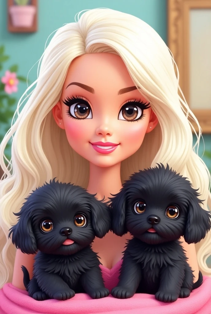 Digital drawing, Baby dog, fluffy white and with blurred fur, blue electric eyes, round anime style with bambi eyelashes, adorned with hearts, in a girl's room adorned barbie style