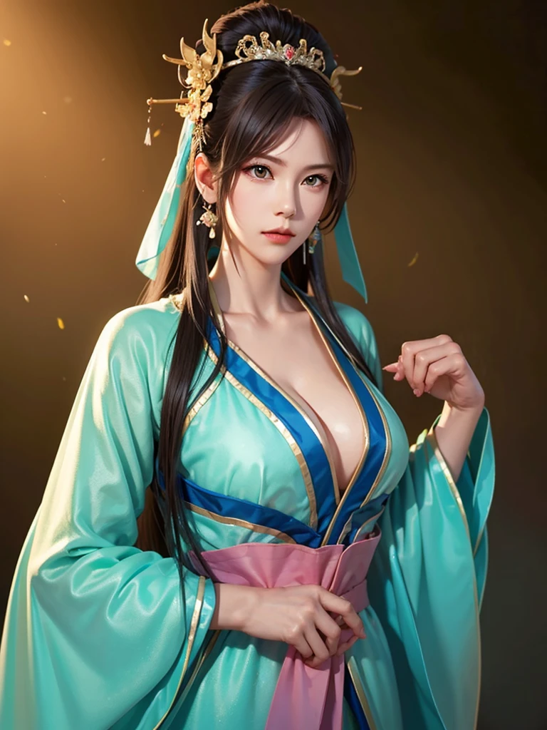 ancient chinese princess ， A girl wearing Hanfu, visual audience，,  beautiful girl 、Delicate body, Exquisite Eyes , Big 、Long hair,、Hair accessories Han Dynasty、Eternal,whole body、Lower Body，Three Kingdoms， (solid color background,,  simple background), Smoky environment, Adds a touch of mystery and drama to the scene. Soft and even lighting, Casts soft shadows, Create an atmosphere of seriousness and focus.