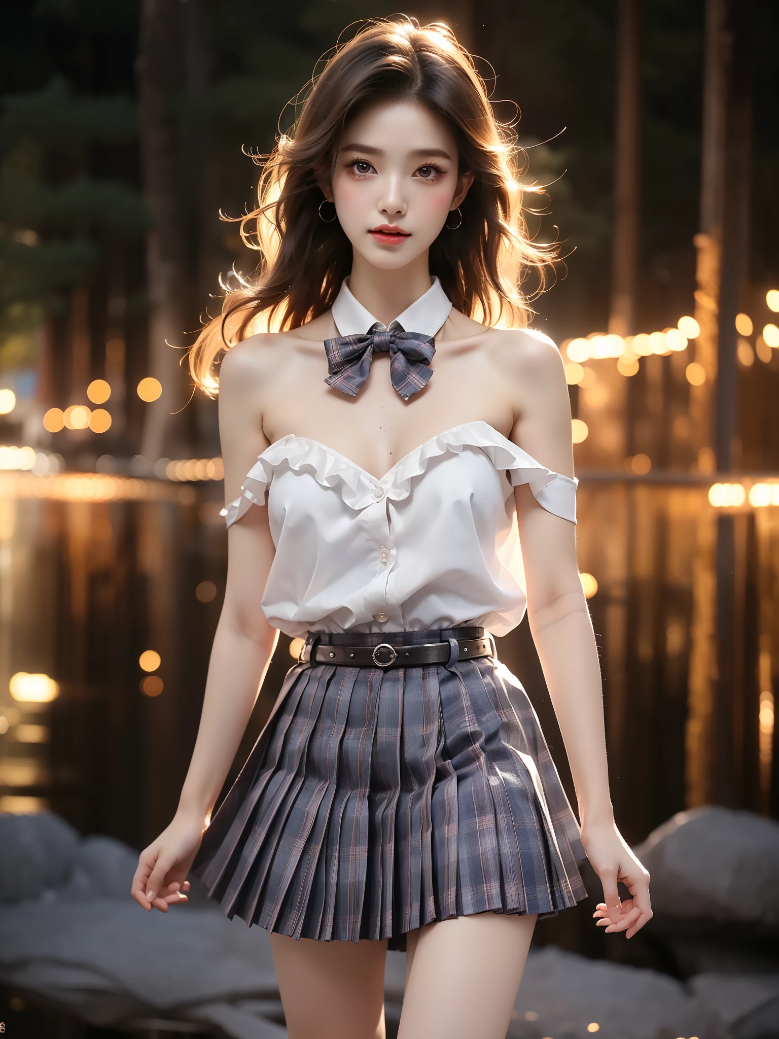 skirt,plaid necktie,belt,plaid skirt,black shirt,bowtie, ,((full body)), ((single bare shoulder)), (Asian beauty: 1.3), girl, solo, ((Pleated skirts, short skirts, , very short hemline)), (toned body: 1.2), (naturally large breasts: 1.1), (visible cleavage: 0.8), (smooth flawless skin: 1.2), (perfect anatomical proportions: 1.3), (anatomically correct legs: 1.3), (elegantly long legs: 1.3), 1.1) Hands gently lift the skirt, (detailed features: 1.2), (big bright eyes: 1.1), (long eyelashes: 1.1), charming smile, gentle and confident expression, Head slightly tilted, long flowing hair, (night scene: 1.1), (starry sky: 1.0), (space background: 0.9), (professional soft light: 1.2), (warm tone: 1.1), (Masterpiece: 1.4), (Super Detail: 1.3), (Sharp focus: 1.2), (Realistic: 1.2), (Hi-Fi: 1.1)