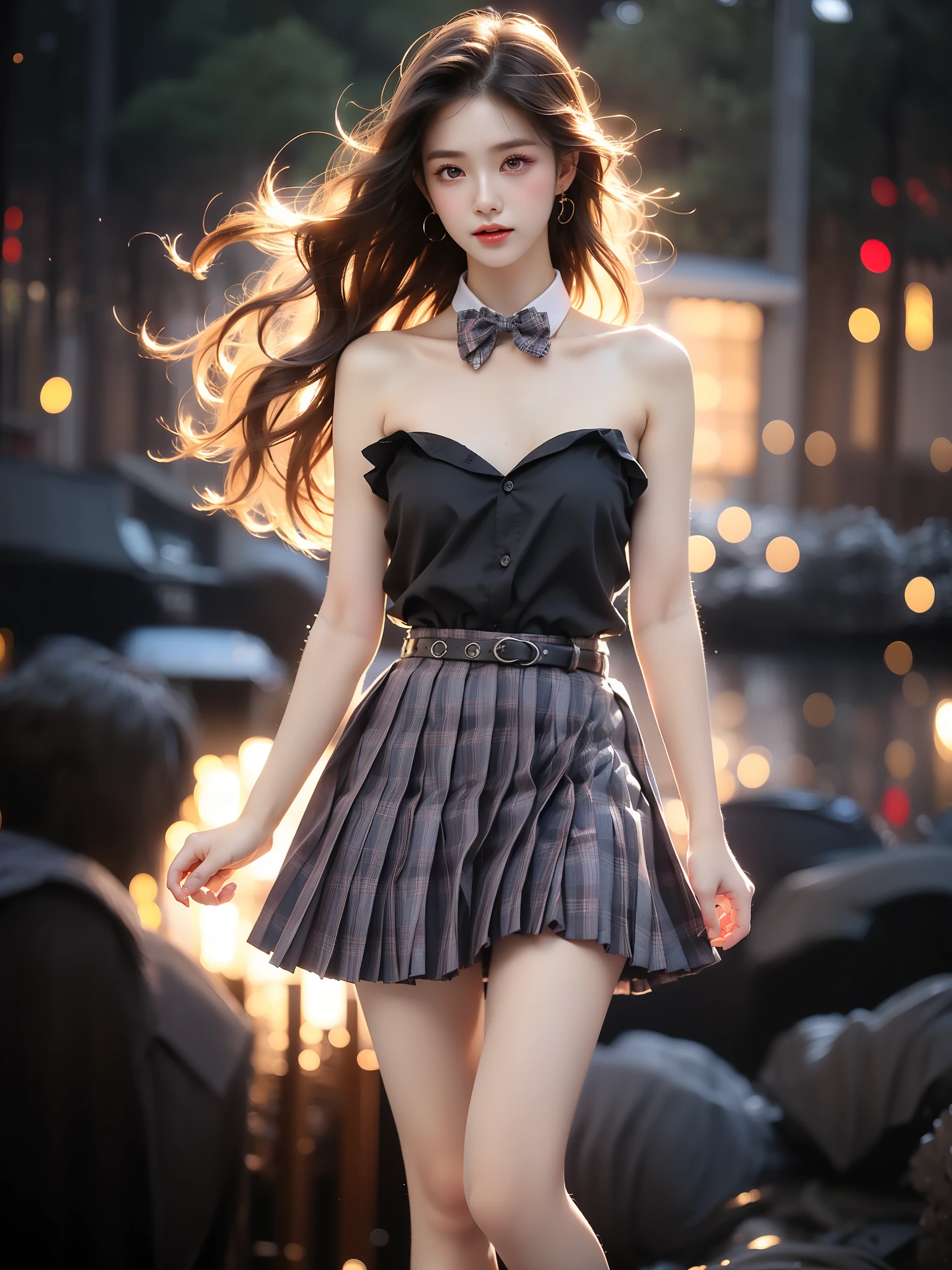 skirt,plaid necktie,belt,plaid skirt,black shirt,bowtie, ,((full body)), ((single bare shoulder)), (Asian beauty: 1.3), girl, solo, ((Pleated skirts, short skirts, , very short hemline)), (toned body: 1.2), (naturally large breasts: 1.1), (visible cleavage: 0.8), (smooth flawless skin: 1.2), (perfect anatomical proportions: 1.3), (anatomically correct legs: 1.3), (elegantly long legs: 1.3), 1.1) Hands gently lift the skirt, (detailed features: 1.2), (big bright eyes: 1.1), (long eyelashes: 1.1), charming smile, gentle and confident expression, Head slightly tilted, long flowing hair, (night scene: 1.1), (starry sky: 1.0), (space background: 0.9), (professional soft light: 1.2), (warm tone: 1.1), (Masterpiece: 1.4), (Super Detail: 1.3), (Sharp focus: 1.2), (Realistic: 1.2), (Hi-Fi: 1.1)