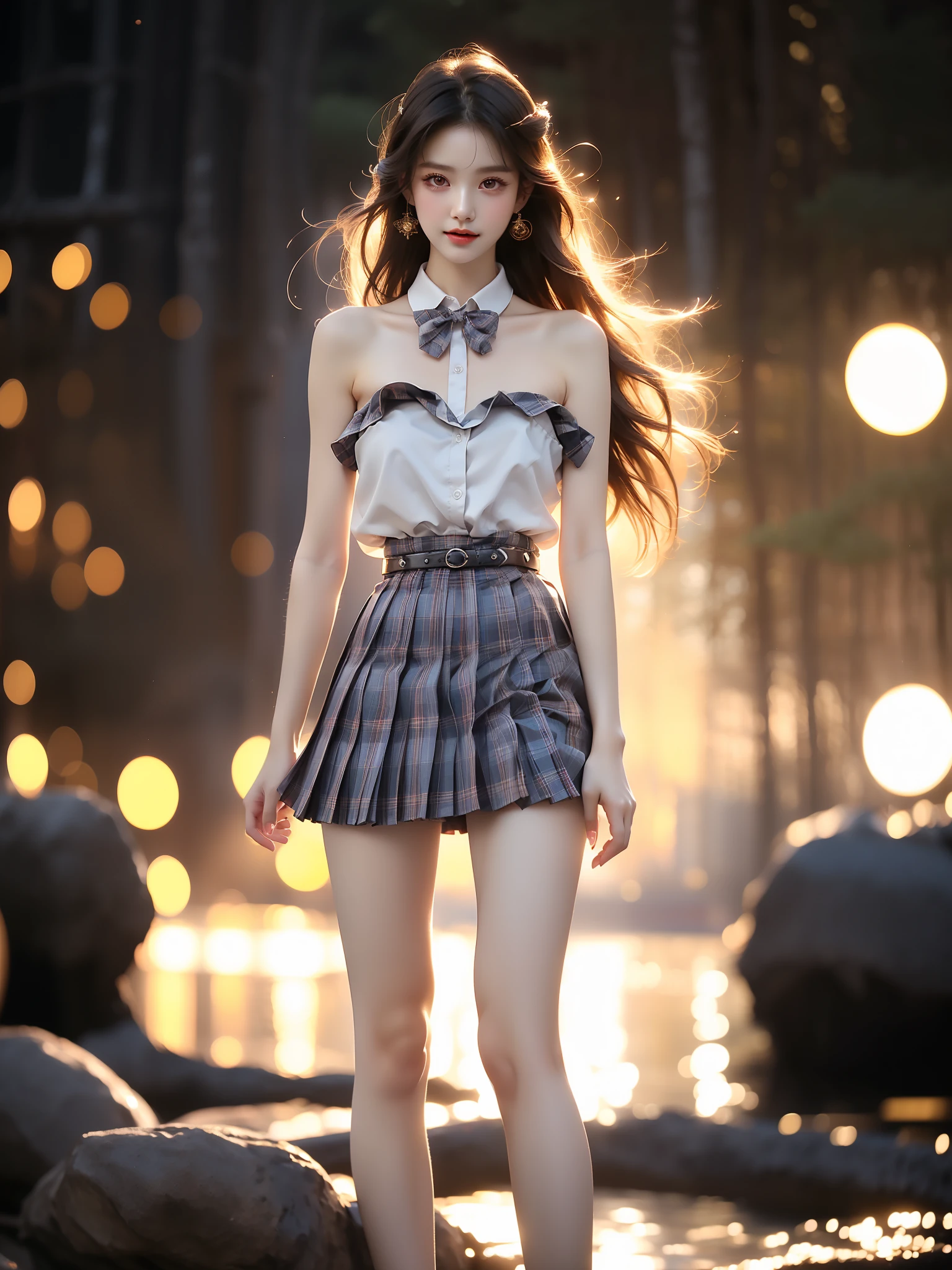 skirt,plaid necktie,belt,plaid skirt,black shirt,bowtie, ,((full body)), ((single bare shoulder)), (Asian beauty: 1.3), girl, solo, ((Pleated skirts, short skirts, , very short hemline)), (toned body: 1.2), (naturally large breasts: 1.1), (visible cleavage: 0.8), (smooth flawless skin: 1.2), (perfect anatomical proportions: 1.3), (anatomically correct legs: 1.3), (elegantly long legs: 1.3), 1.1) Hands gently lift the skirt, (detailed features: 1.2), (big bright eyes: 1.1), (long eyelashes: 1.1), charming smile, gentle and confident expression, Head slightly tilted, long flowing hair, (night scene: 1.1), (starry sky: 1.0), (space background: 0.9), (professional soft light: 1.2), (warm tone: 1.1), (Masterpiece: 1.4), (Super Detail: 1.3), (Sharp focus: 1.2), (Realistic: 1.2), (Hi-Fi: 1.1)