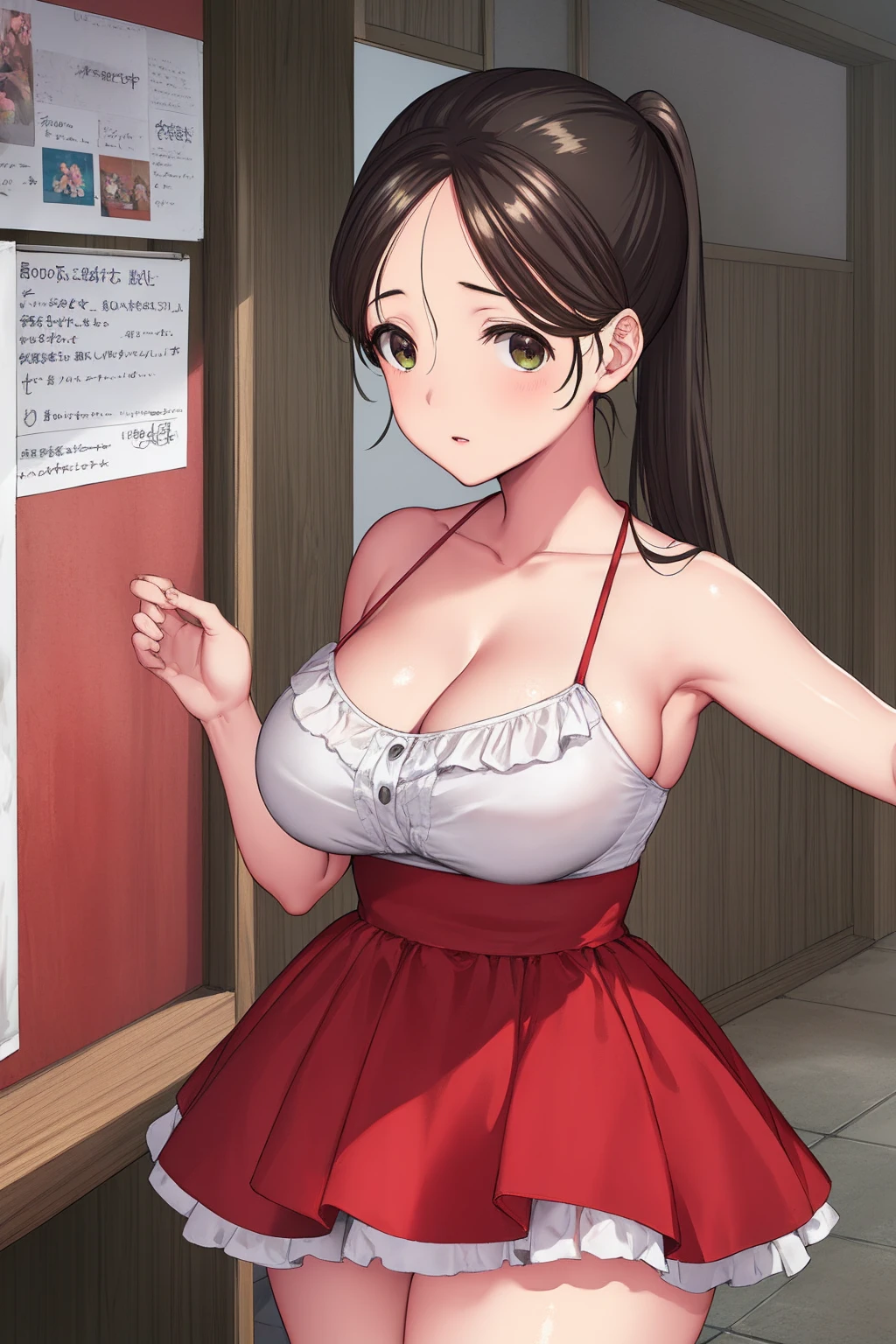 akaneyoshizawa, akane yoshizawa, Black Hair, ponytail, (Green Eyes:1.5), flowing bangs, Long Hair,
BREAK in a red dress,No sleeve,Japanese_Clothes,just_shoulder,(Closed_Clothes),
Take a break indoors, classroom,
BREAK Watch Viewers, (Cowboy Shot:1.5),Are standing, Leaning forward, Put your arms behind your back and BREAK (masterpiece:1.2), highest quality, High resolution,Browsing Caution ,unity 8k wallpaper, (figure:0.8), (Beautiful fine details:1.6), Highly detailed face, Perfect lighting, Highly detailed CG, (Perfect hands, Perfect Anatomy),big breast:1.1, (W cup), Bikini outfit 