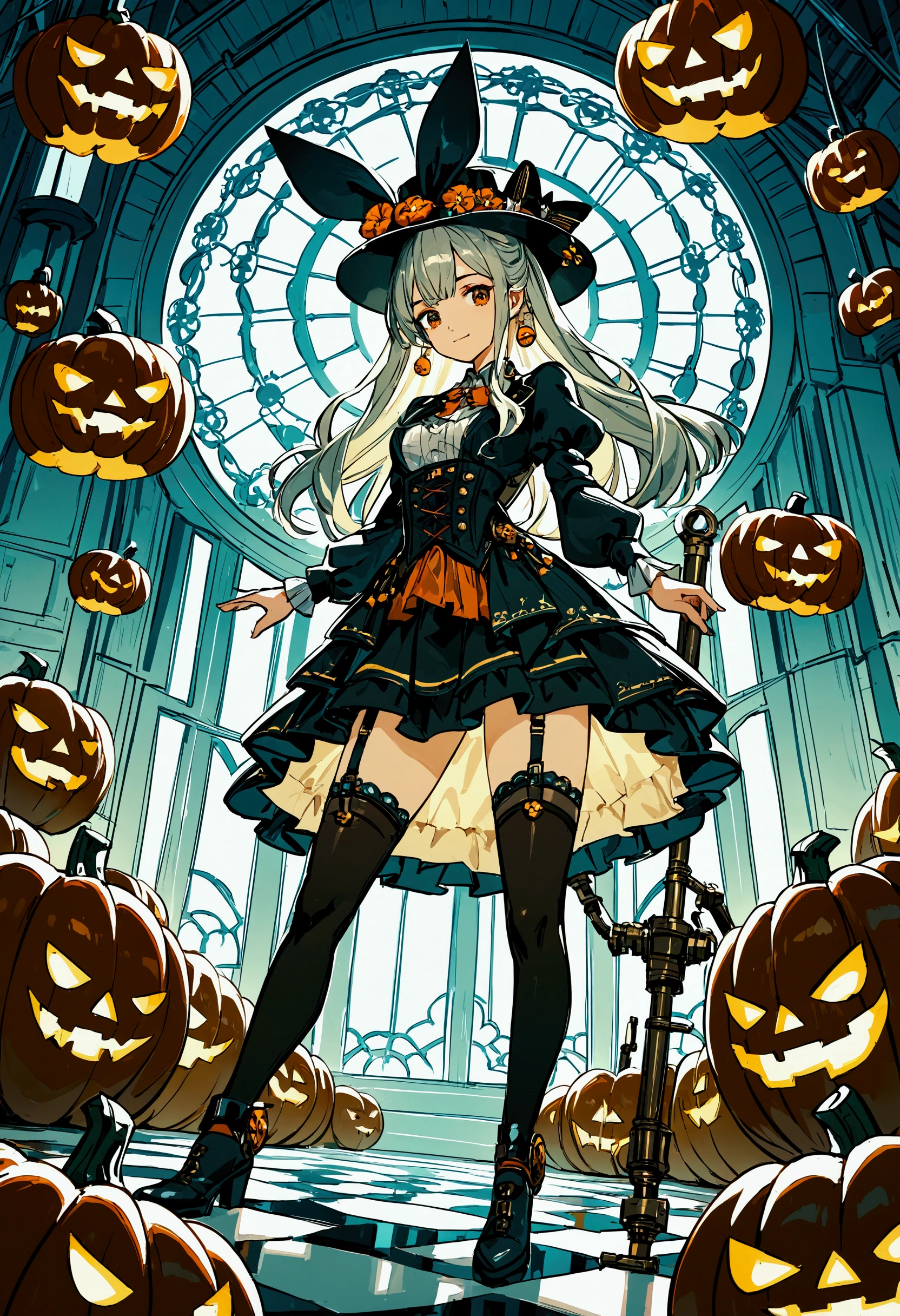 Piles of machine-made pumpkins (jack-o-lanterns).Steampunk, light-emitting diodes, futuristic, cool style.The floor is covered with futuristic glowing candy balls.score_9, score_8_up, score_7_up, score_6_up, score_5_up, score_4_up, source_anime,source_furry,rating_safe,rating_questionable,masterpiece, best quality, perfect anatomy , very aesthetic , absurdres,limited pallet,(dynamic angle)