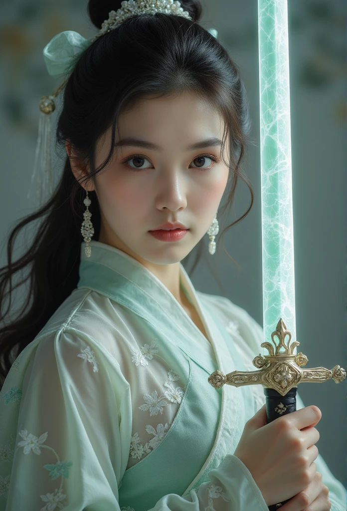  1 beautiful girl,   unique，Chinese Dragon，Female Swordsman，Hand on the hilt，Jade Blade Sparkles ，Front view, whole body， (( has the best quality)), ((masterpiece)), (( actual ))， Ultra HD，