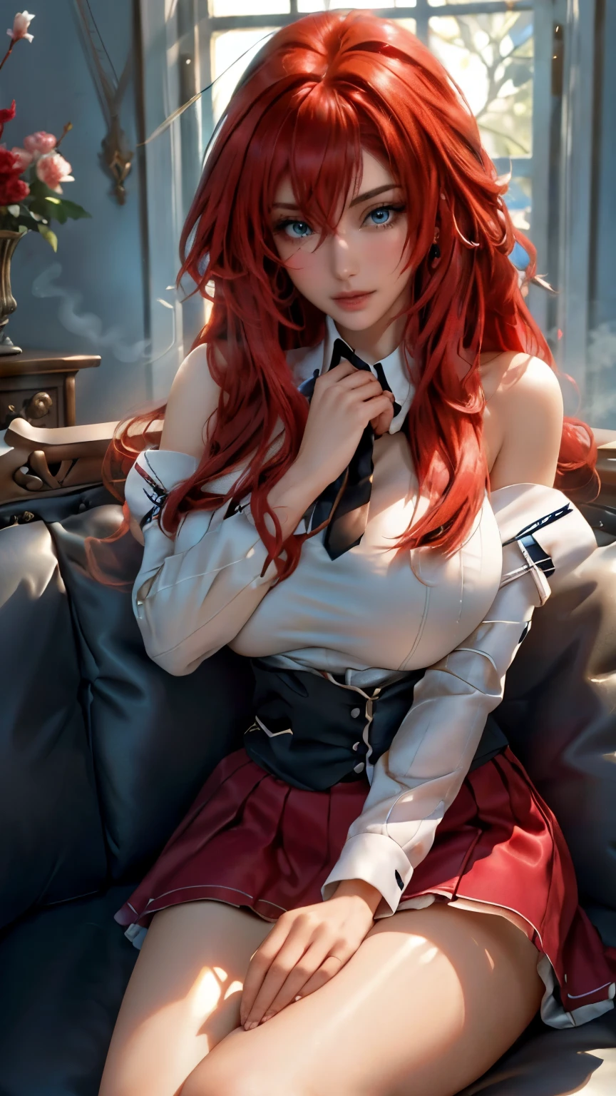 Vivid, landscape of an woman, landscape of a very beautiful woman, (((cowboy shot))), photography with Fujifilm XT3, depth of field, film grain, female focus, Rias Gremory /(High School DxD/), anime style, (((sit down)))!!!, (sit down at luxurious sofa), looks at the camera with beautiful light blue eyes, Ultra detailed eyes, (Beautiful light blue eye's like sapphire :1.40)!!, Stars in her fixed eyes, (homochromatic eyes)!!!, seductive smile,  (Blush)!! Perfect nose, Cute little nose, Earrings, beatiful face, Face Clean, Skin, hyper realistic, Incredibly detailed face, hyper detailed face, A face with a lot of detail, Perfect eye shadow, wink, Hyper-Detailed Eyes, Hyper-detailing of eyebrows, Hyper-detailed eyelashes, red hair between eyes, red hair bangs, (ultra shine red hair)!!, (thick straight hair)!!, ((dynamic composition)), detached sleeves, /(((wear school uniform/)))!!!, (white school uniform)!!, /(((red skirt/)))!!!, vivid color clothes, detailed realistic clothes, kindness, plump breasts, (plump breast covered with silk lace)!!, open skirt, slim legs, fishnet legs, black stockings, smooth thighs cleavage, black garter thighs, leather shoe, suoer charming pose, Best Quality, Masterpiece, Ultra-detailed, Beautiful, hight resolution, Original, CG 8K, perfect photo, dramatic  lighting, (Realistic) Realistic, Full HD, Best Quality, Best Quality, Beautiful lighting, (8k wallpaper of extremely detailed CG unit), High Details, sharp-focus, The art of dramatic and photorealistic painting,  ((In luxurious sofa)), dynamic composition
