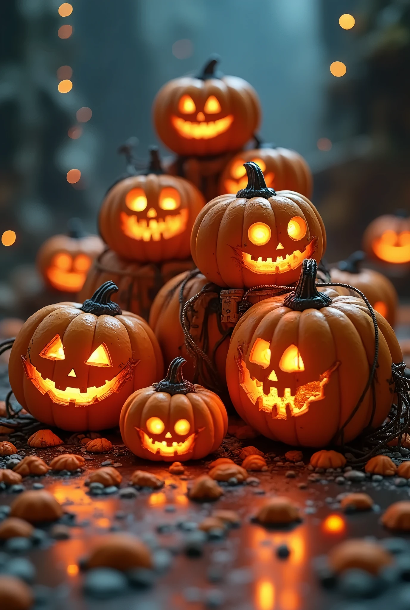 Piles of pumpkins\(machine-made, mechanical, jack-o-lanterns\).Steampunk, light-emitting diodes, futuristic, cool style.The floorcovered with candy\(futuristic, glowing\)